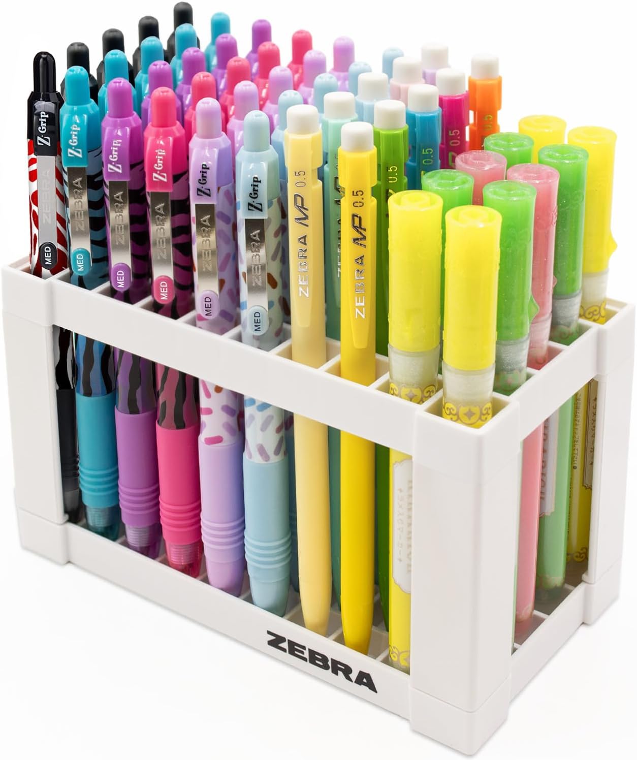 Zebra Pen 50 Desktop Stand Stationery Set - Include 50 Pens - 30 x Z-Grip Smooth Retractable Pens + 10 x MP Mechanical Pencils + 10 x Kirarich Highlighter Markers