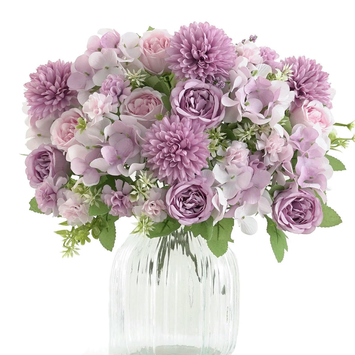 AYHTUD 1/4pcs Realistic Artificial Flower Bouquet, Reusable Faux Peony Chrysanthemums Hydrangea Bouquets with Stem, Home Room Decor-purple-4pcs