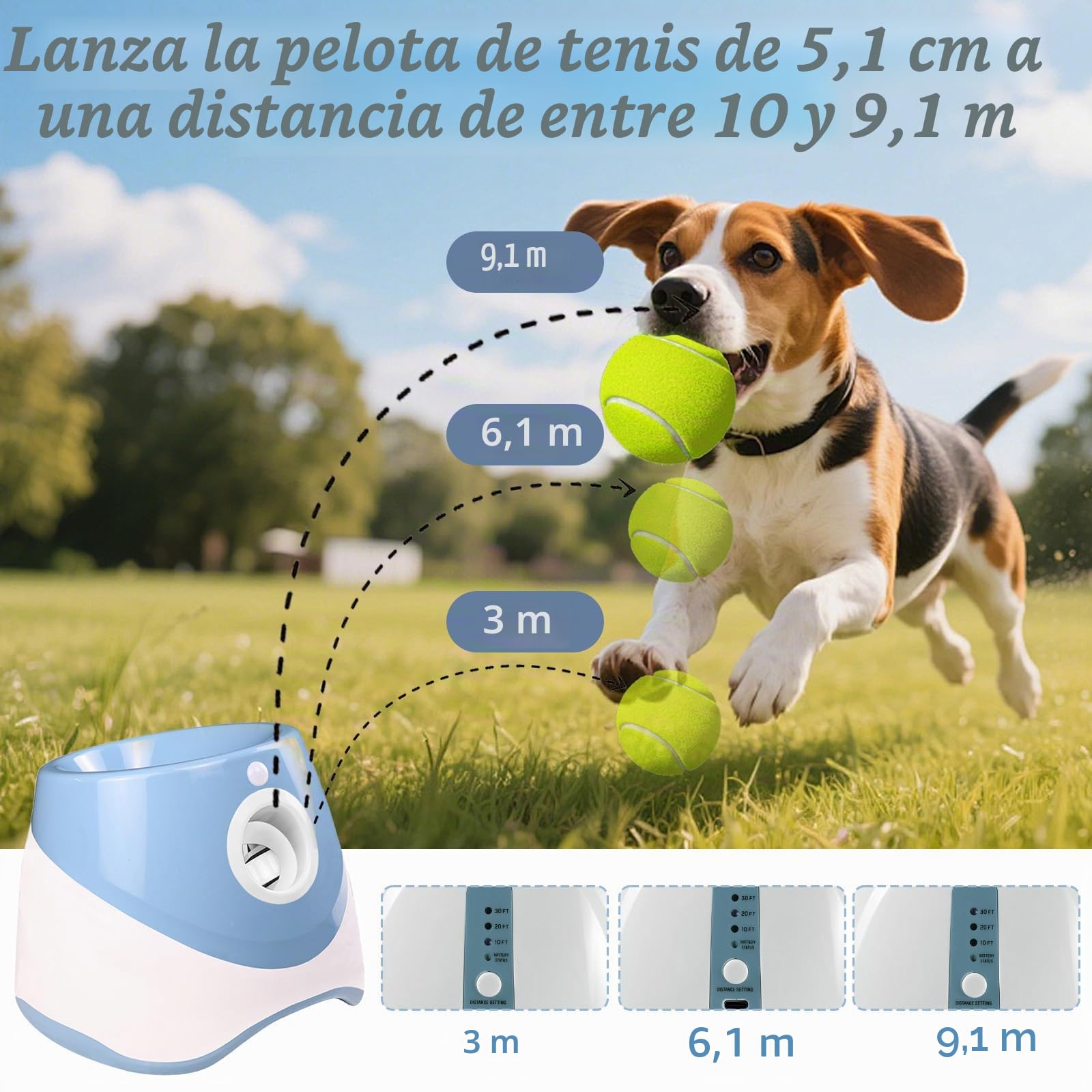 Lanzador de bolas para perros automático, lanza bola para perros con 6 bolas, distancia ajustable 3-9m, lanzador de bolas automático interactivo para perros, juguete de entrenamiento interior al aire