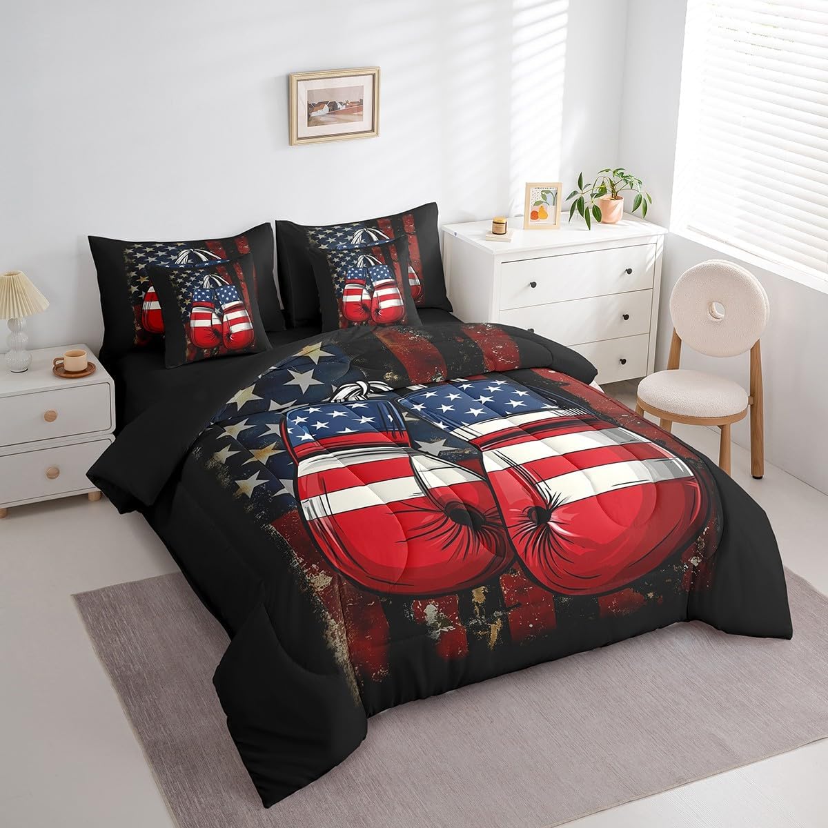 7 Pieces Queen Size Boxing Gloves Comforter Set,Tie-dye Graffiti American Flag Bedding Set for Boys Men,Extreme Sports Games Retro (Comforter+Fitted+Flat Sheet+2 Pillowcases+2 Throw Pillow Covers)
