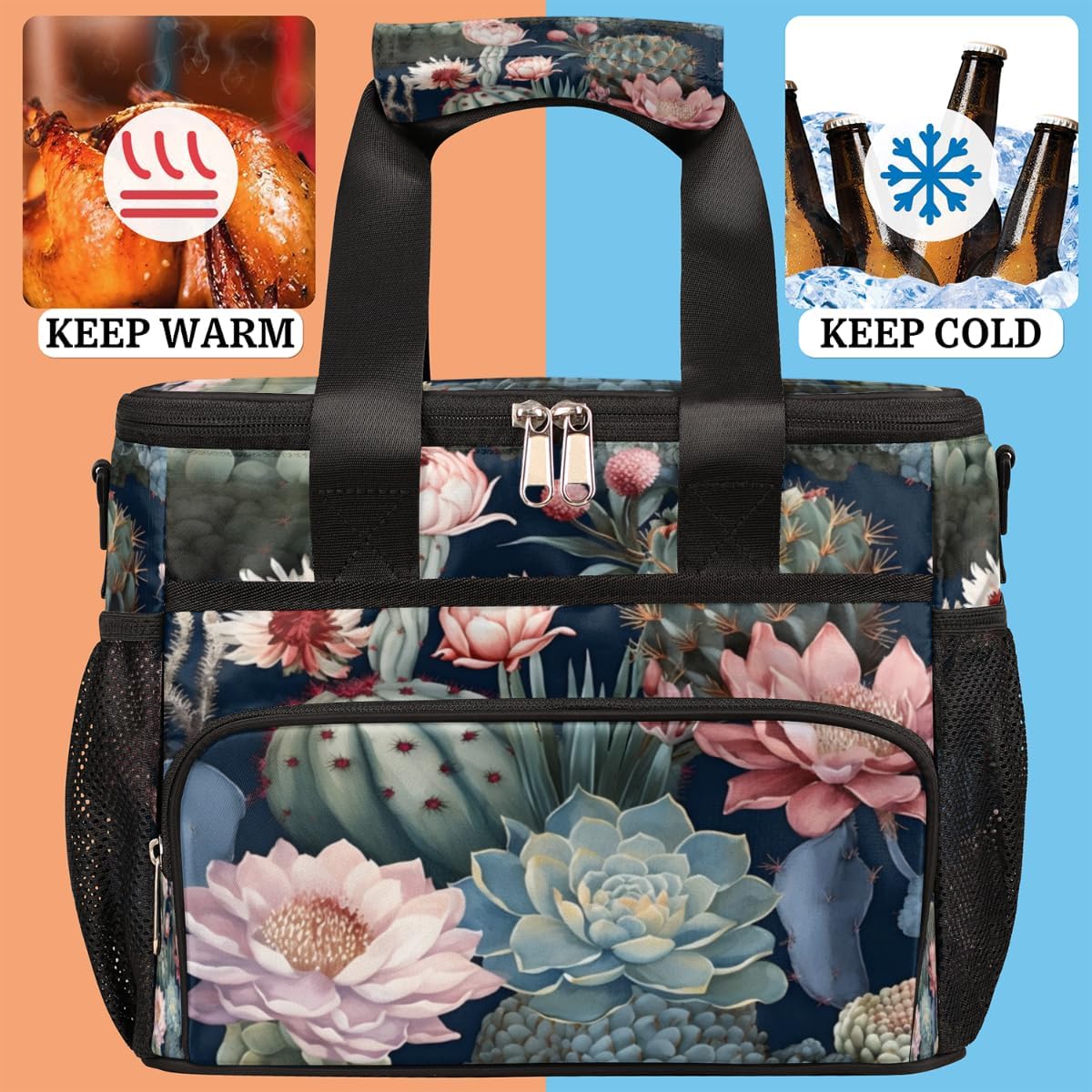 Cactus Succulents Large Reusable Lunch Bag for Women Men, Insulated Lunch Bags Leakproof Cooler Lunch Tote Bag with Adjustable Shoulder Strap