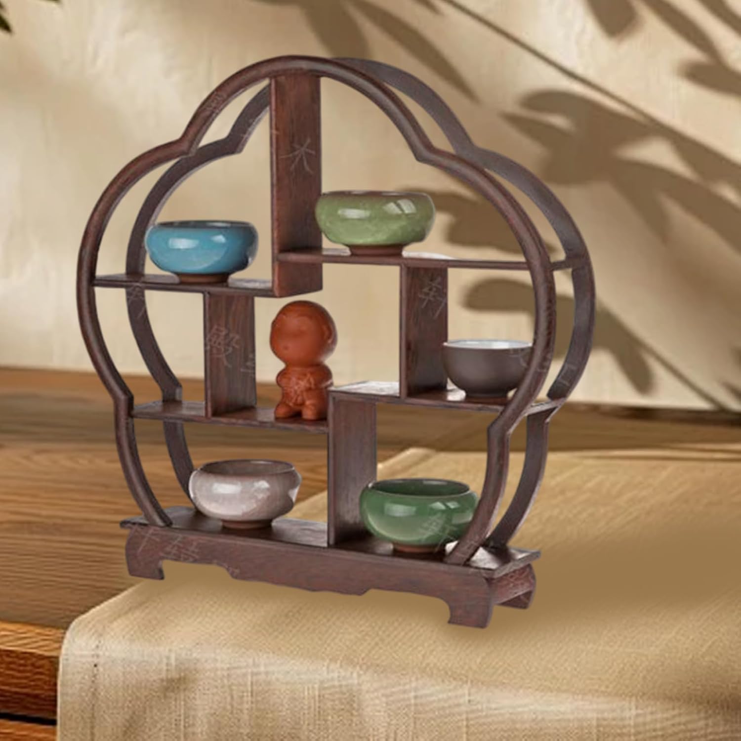 Curio Shelf, 12 Inch Plum Shape Hollow Carving Wooden Display Stand Chinese Style Miniature Bonsai Shelf for Collectibles