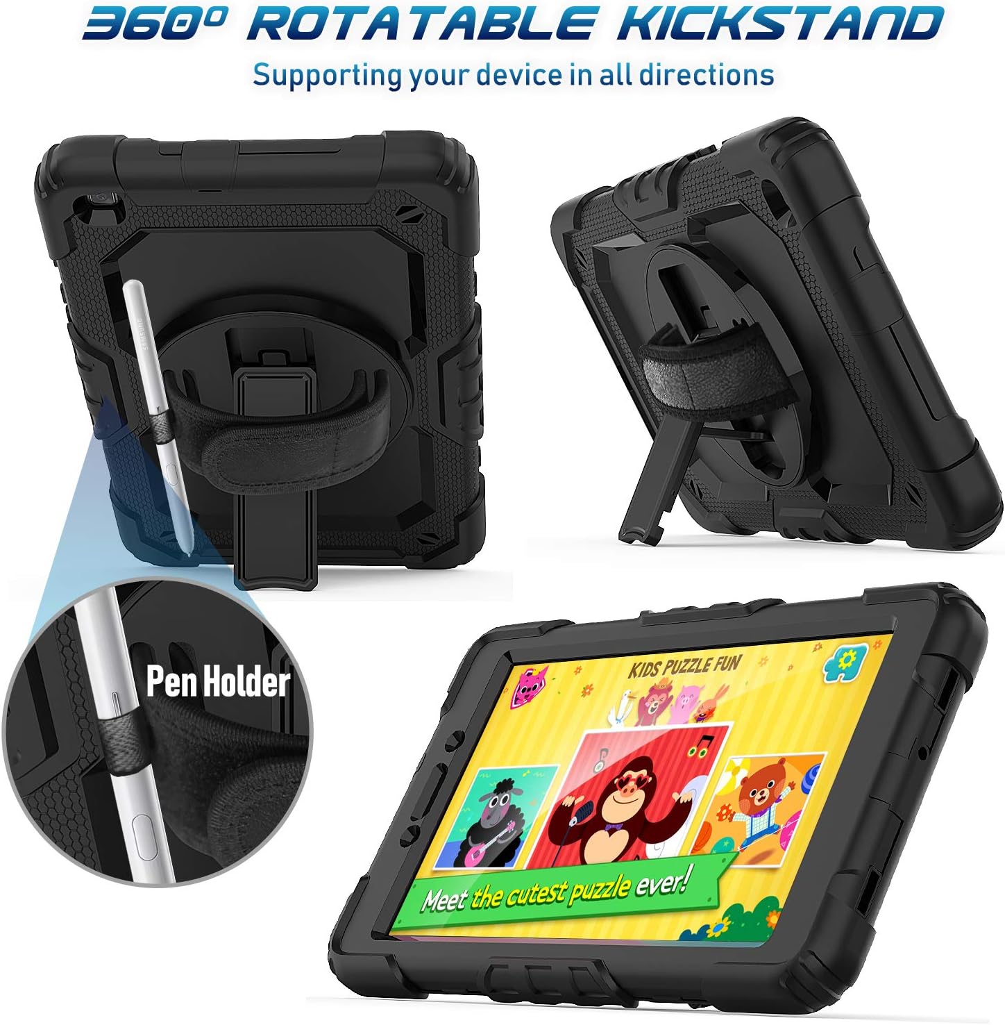 Timecity Samsung Galaxy Tab A 8.0 Case 2019 SM-T290/ T295/ T297, Full-Body Drop-Proof Protection Sturdy Case with Screen Protector Swivel Stand/Hand Strap Shoulder Strap Case for Kids Students, Black
