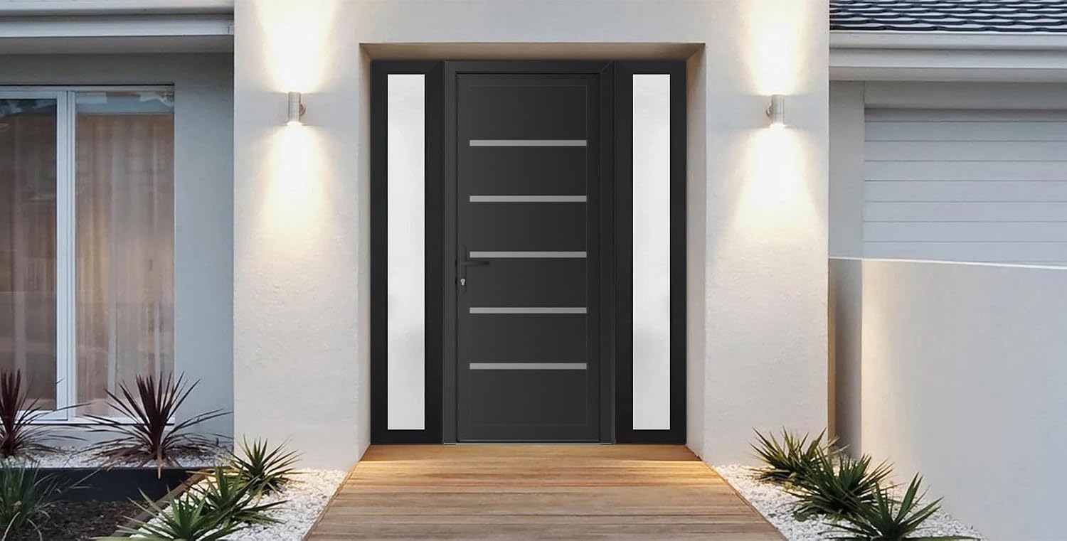 VDOMDOORS Front Exterior Prehung Metal-Plastic Door | Manux 8415 Matte Black | 2 Side Sidelite Transoms | Residential Doors Entrance Patio Garage 68 x 80 (W16+36+16 x H80) Right-Inswing