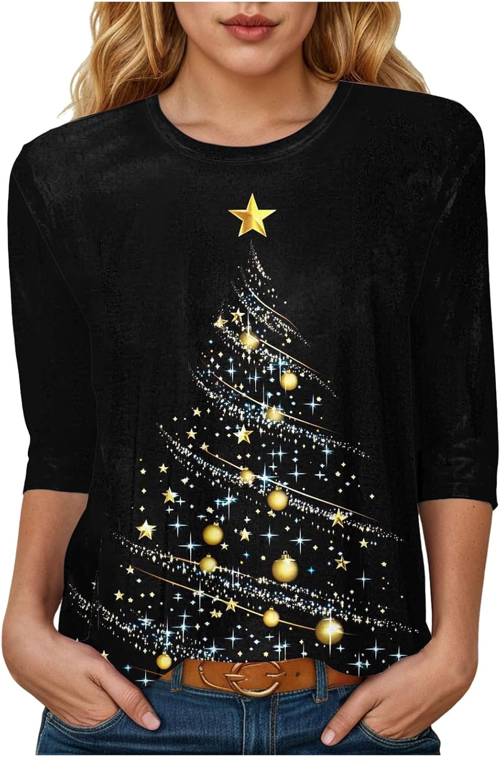 Christmas Shirts for Women 3/4 Length Sleeve Tops 2025 Funny Christmas Graphic Tshirts Xmas Shirt Holiday Blouse Tees