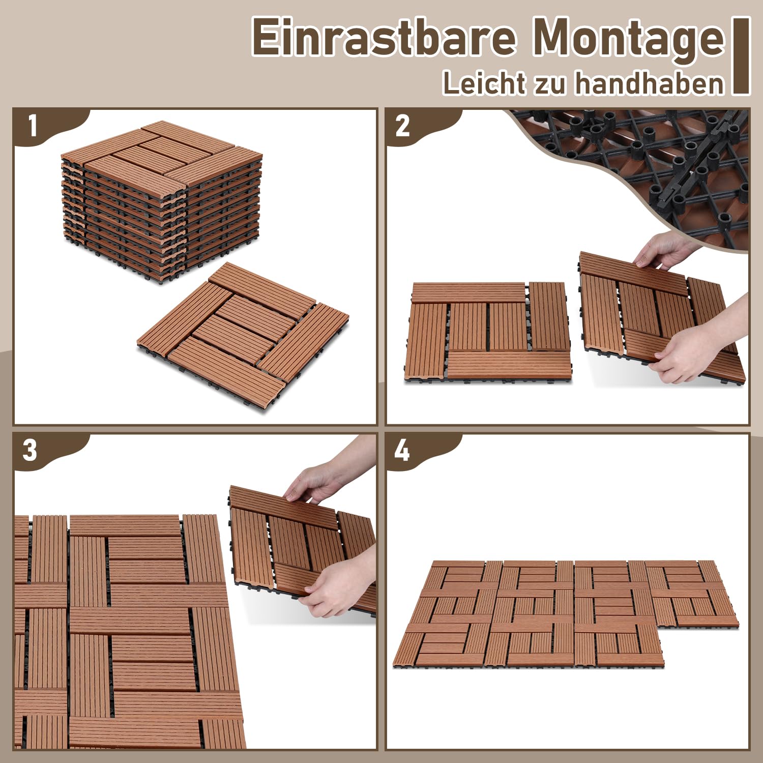 110er Set WPC Terrassenfliesen, 30x30cm Balkonfliesen Klickfliesen, WPC Fliesen für 10m², Bodenbelag mit Drainage und Klicksystem, Terrassendielen Wasserfest, für Balkon Terrasse, Braun