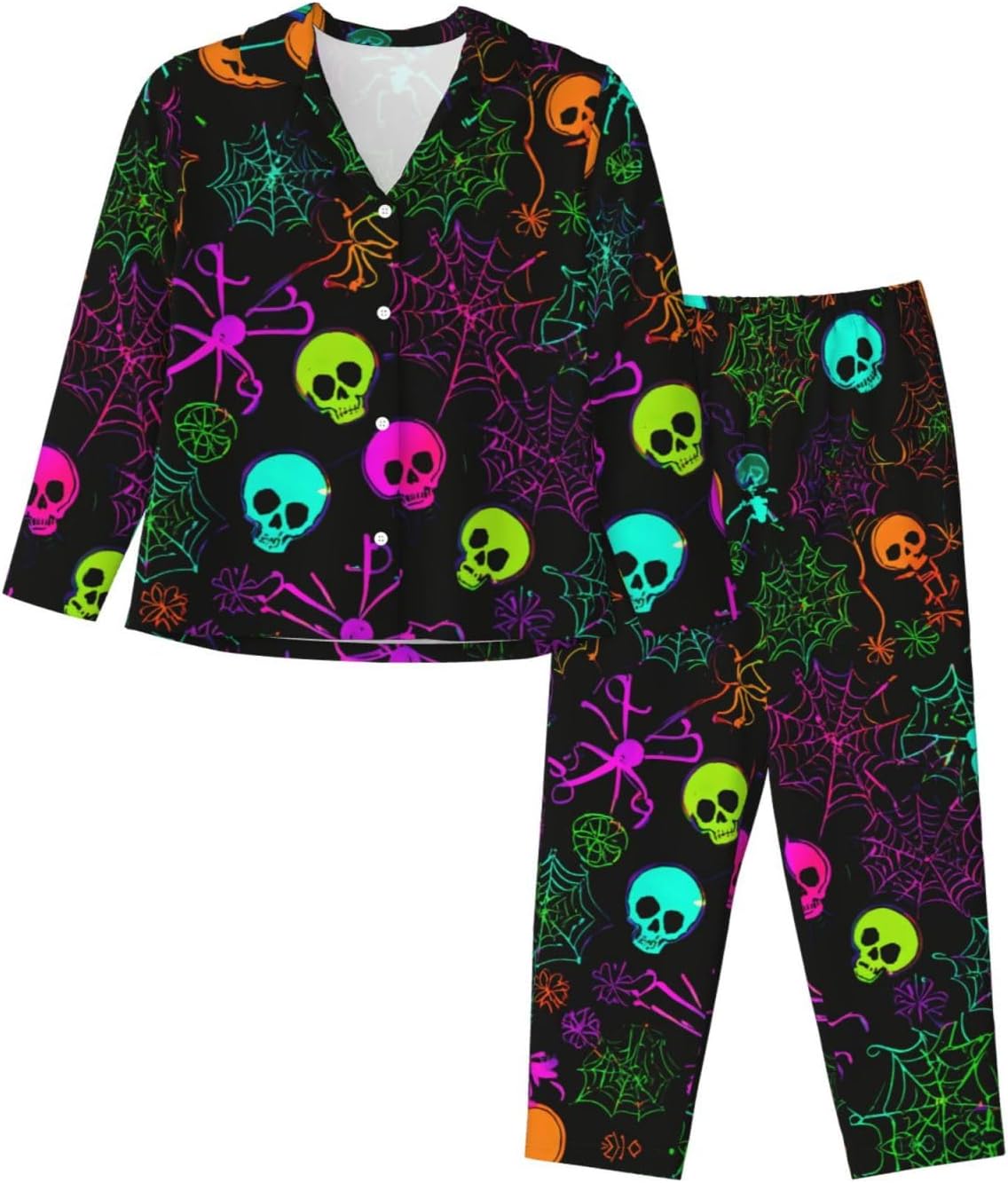 Halloween Skull Print Women'S 2 Piece Pajama Sets Long Sleeve Button Down Shirt And Pants Sleepwear Sets S-Xxl