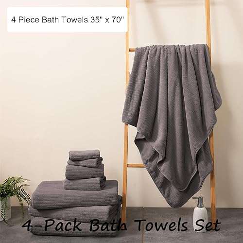 Miniatura 3 de Juego de 4 toallas de baño grandes a rayas marrones, toallas de baño de gran tamaño, súper suaves, transpirables, gigantes, altamente absorbentes,