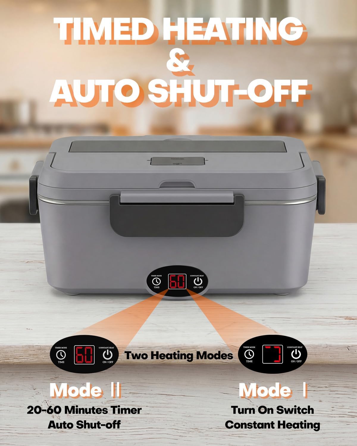 Heated Lunch Box with Timer - 1.8L Electric Lunch Box for Adults 90W Fast Heating Portable Food Warmer for Men Auto-Shut Off Food Heater for Office Car Truck Travel