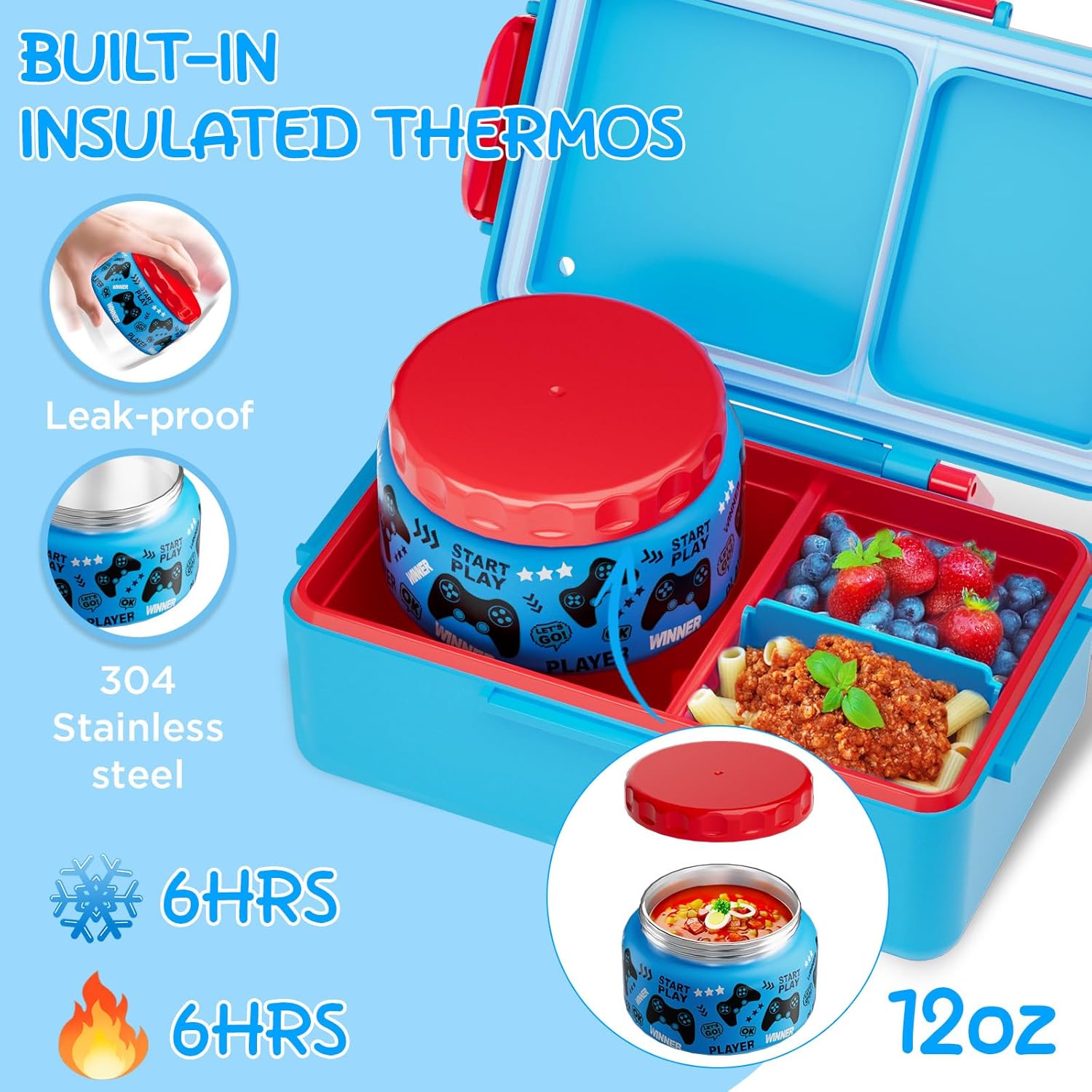 Game Kids Bento Lunch Box – 12 oz Stainless‑Steel Soup Thermo & 3‑Compartment Leak‑Proof Food Container with Built‑In Ice Pack, Insulated Food Jar for Boys & Girls, School & Travel - Image 3