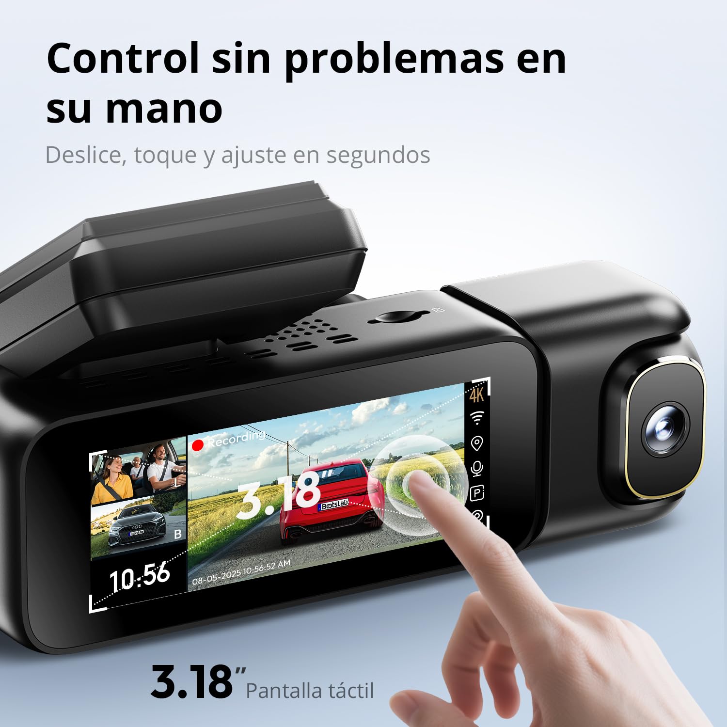 BOTSLAB Cámara para salpicadero 4K de 3 Canales, cámara para salpicadero Triple con Control por Voz, Pantalla táctil de 3,18 Pulgadas, Modo de estacionamiento 24/7, Tarjeta 128 GB incluida.