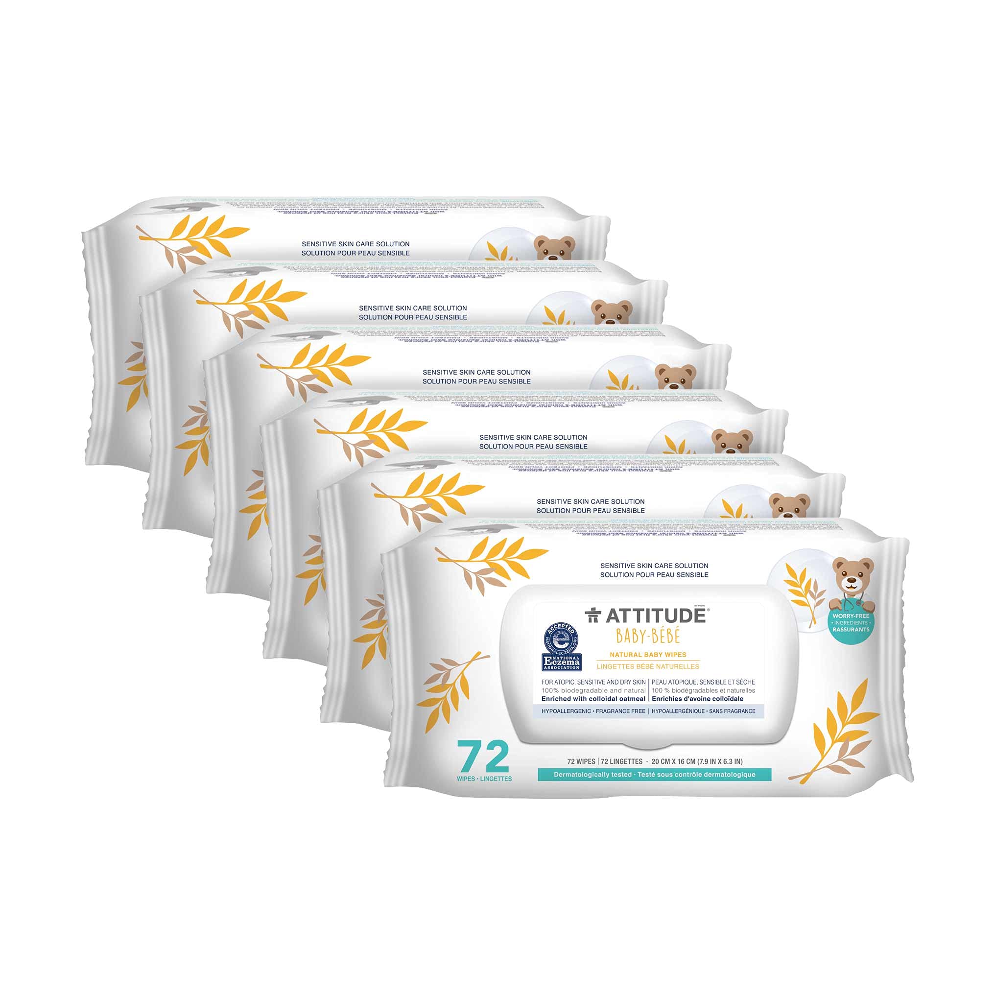 ATTITUDE Baby Wipes Unscented, For Sensitive Skin with Oat, Natural origin, Dermatollogically tested​, For Babies, Toddlers & Kids, Revitalizing Chamomile Extract, EWG Verified​, 72 Count (Pack of 6)