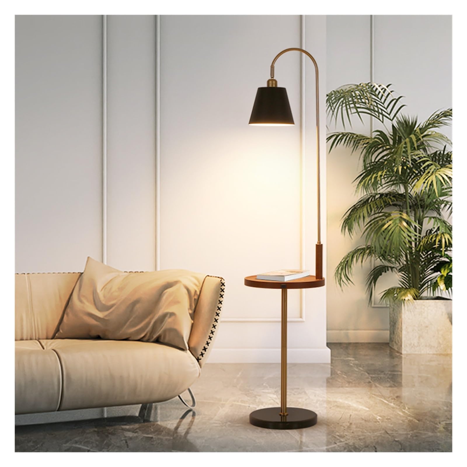 Lampa podłogowa Nowoczesna, elegancka lampa podłogowa z tacką, stolikiem nocnym lub bocznym w stylu Mid-Century i portem ładowania USB(Czarny)