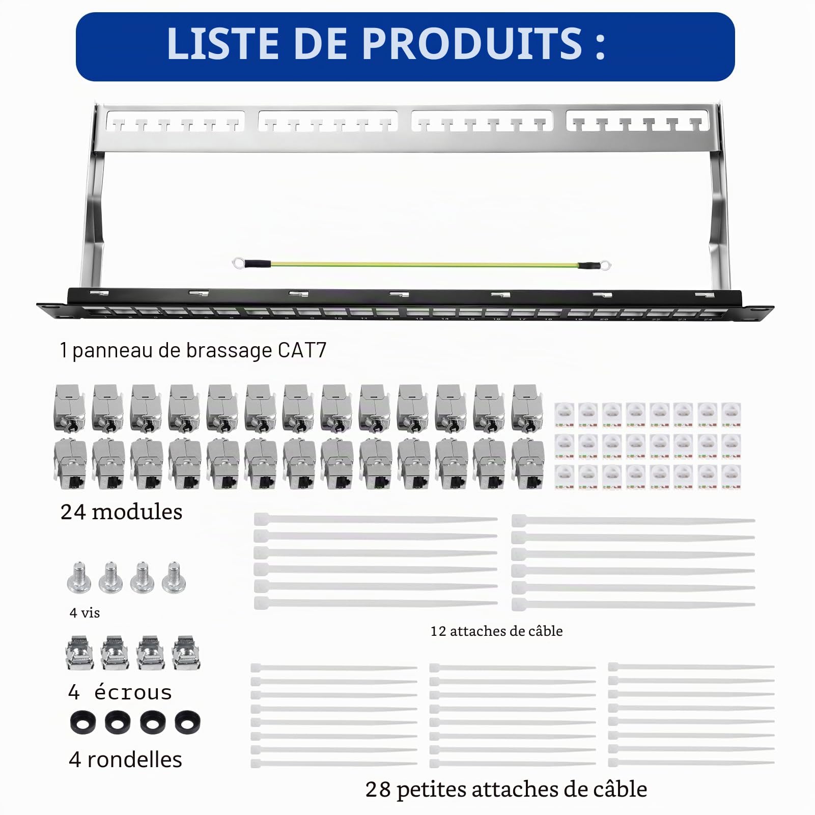 24 Ports CAT7 Panneau de Brassage, Supportant 10 Gbits/600MHz, 19" Panneau de Brassage Keystone Blindé avec Protection EMI/RFI pour Les Maison Les Base Donnée Les Bureaux Les Centres Donnée