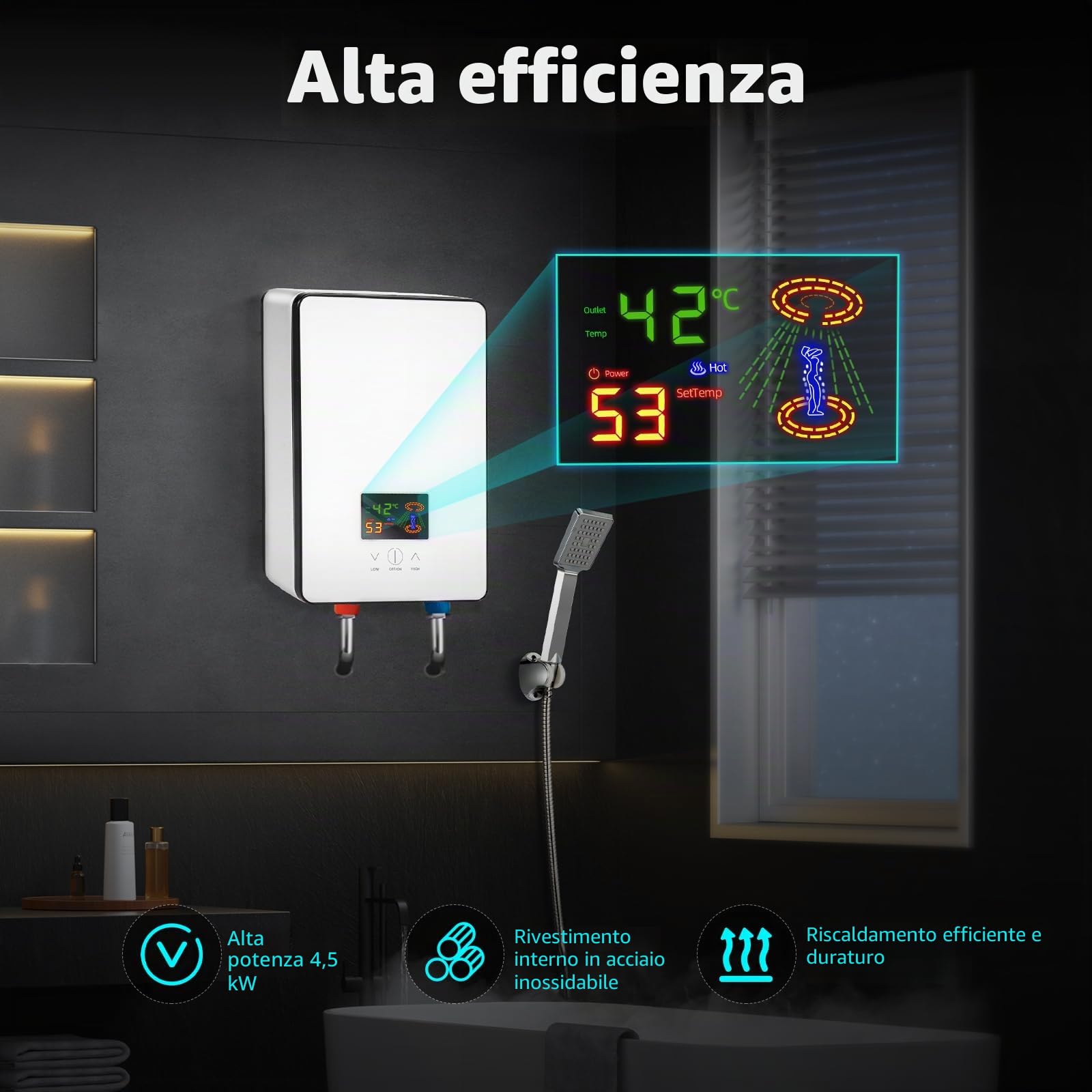 Scaldabagno Elettrico Istantaneo Senza Serbatoio, Digitale, Adatto per Bagno, Parrucchieri, Hotel, Centri Estetici, Scuole, Ospedali, 18,6 * 5,7 * 27,7 cm (Bianco)