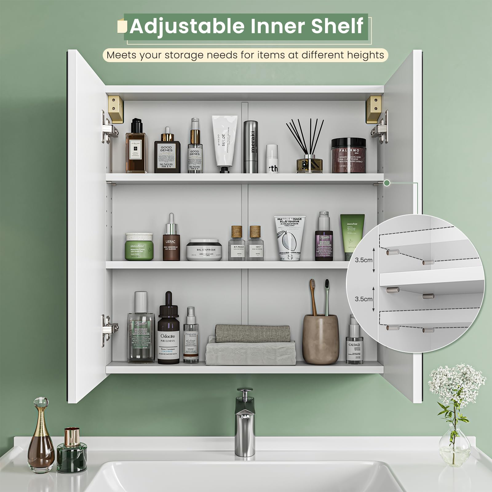 Dripex Armadietto Bagno con 2 Ante a Specchio 60 x 12 x 60 cm, Mobile Pensile da Parete con Ripiano Regolabile e Ripiano Aperto, Mobile Contenitore Salvaspazio, Bianco