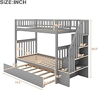 Vista 132 de Harper & Bright Designs Litera de tamaño matrimonial sobre matrimonial con 3 cajones, litera de madera maciza con almacenamiento y riel