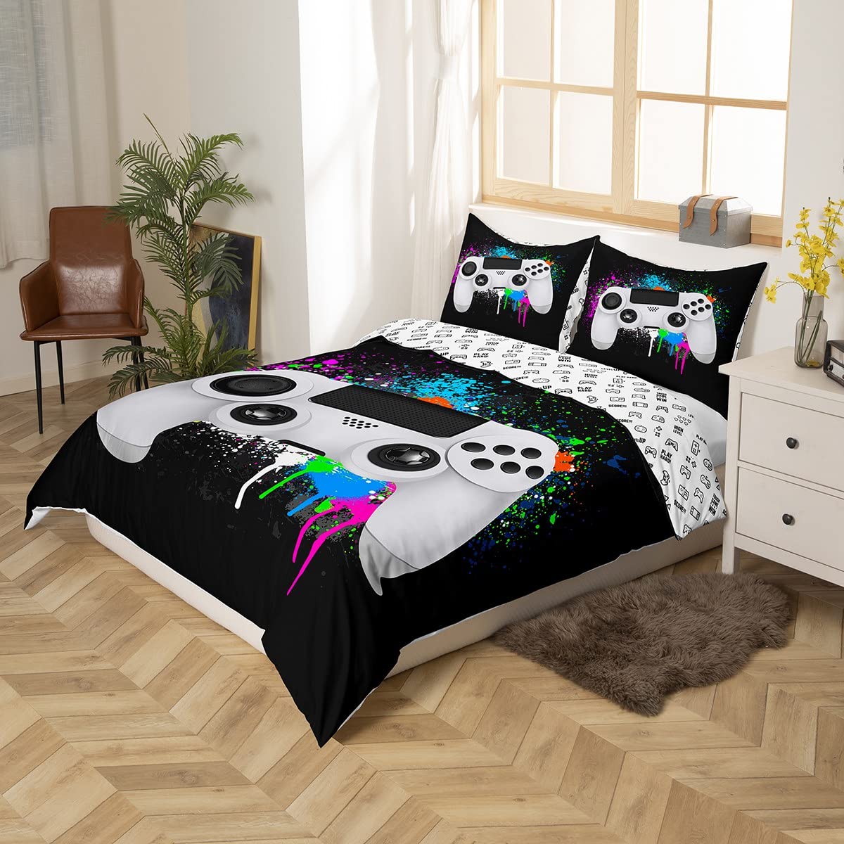 Homemissing Gamer dekbedovertrek set voor jongens tieners spel beddengoed set, videogame thuisspeler gaming beddengoed en linnen set kinderen peuter 3 -delig zwart blauw grijs (Tweepersoons