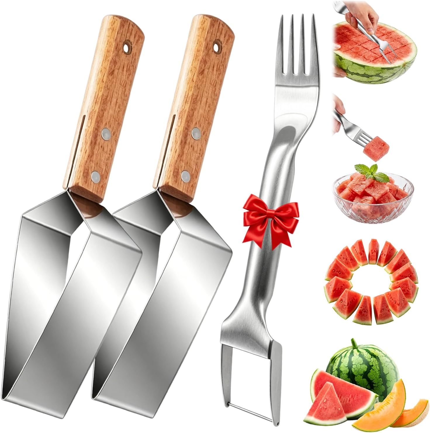 2PCS Stainless Steel Watermelon Cutter with A 2-in-1 Watermelon Fork Slicer, Triangle Fruit Slicer, Melon Divider Tool for Home Party Camping Kitchen Gadget, Cantaloupe, Honeydew