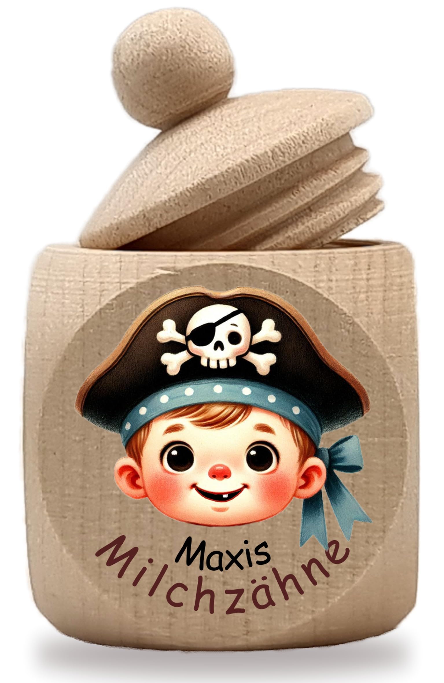 Homeyourself Niedliche Milchzahndose aus Holz mit Schraubdeckel, viele tolle Motive, Zahnbox personalisierbar mit Namen (Pirat)