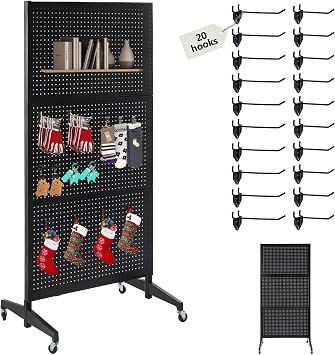 3x 6 Black Pegboard Panels Display Stand with T-Base, Metal Peg Board Organizer Panels Display Rack With Wheel, Craft Fair Display Rack, Art Display Stand, Retail Display, Extra 20 pieces Hooks