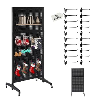 NectaCol 3x 6 Pegboard Display Stand with T-Base, Metal Peg Board Display Stand with Wheel, Standing Pegboard Display with 20 Pieces Hooks, Black