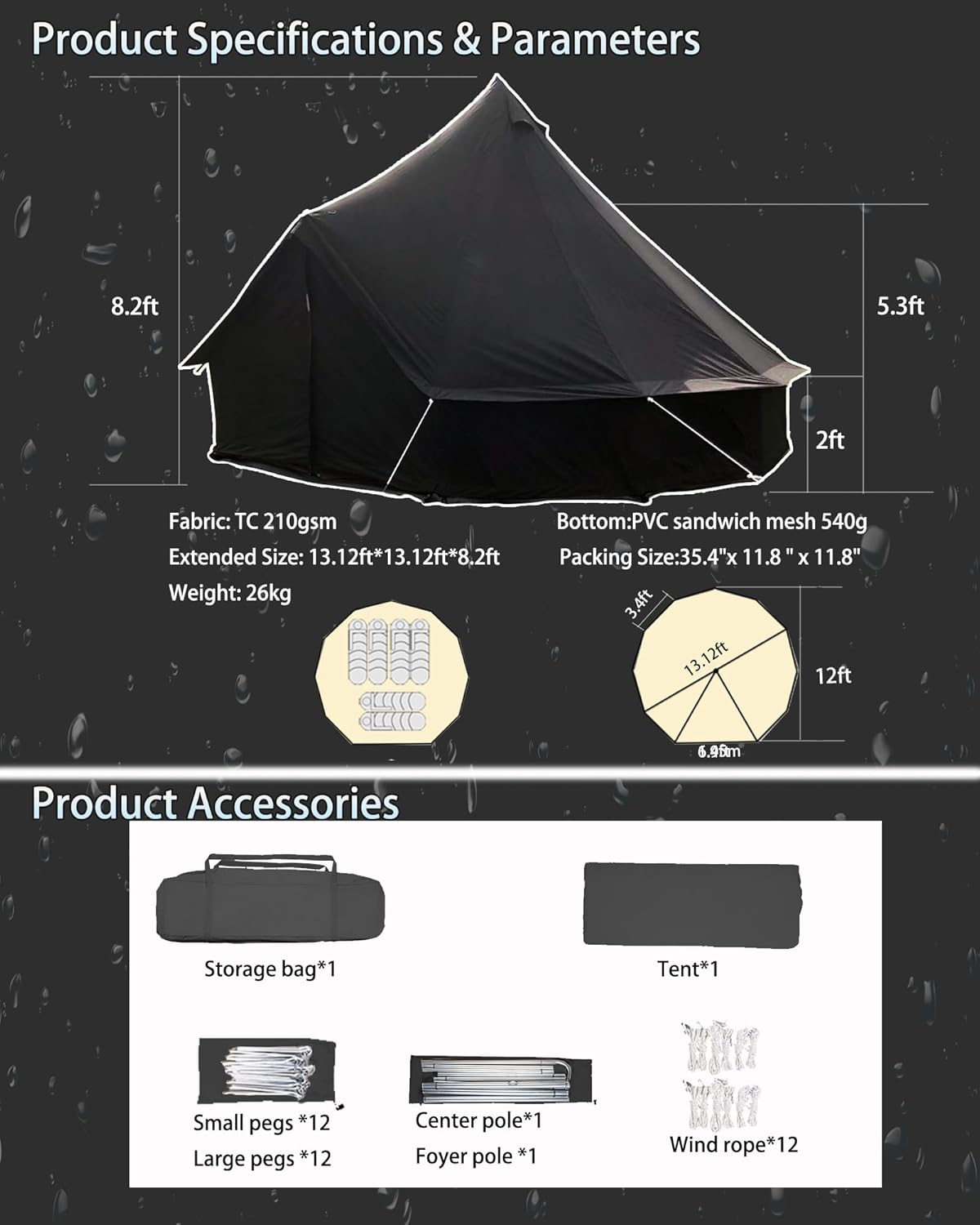 Cotton Canvas Tent Bell - Yurts Breathable and Windproof,Glamping for 6/8/10Person Family Camping