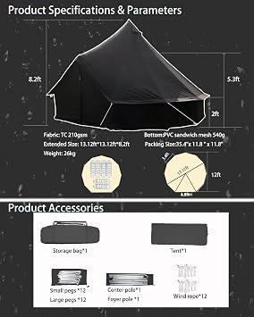 Cotton Canvas Tent Bell - Yurts Breathable and Windproof,Glamping for 6/8/10Person Family Camping