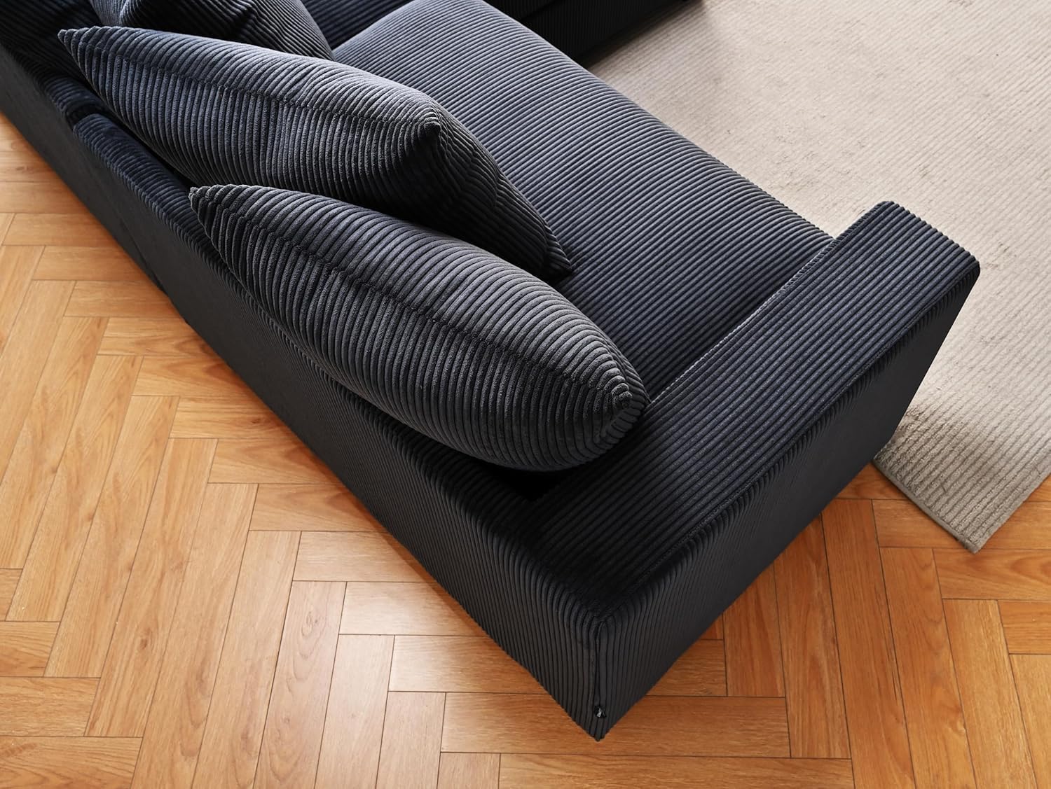 Container Furniture Direct Elegance Grand L-Shaped Sectional Sofa with Chaise, Plush Corduroy Upholstery, 102.4" Luxury Couch for Living Room, Black - Right Facing