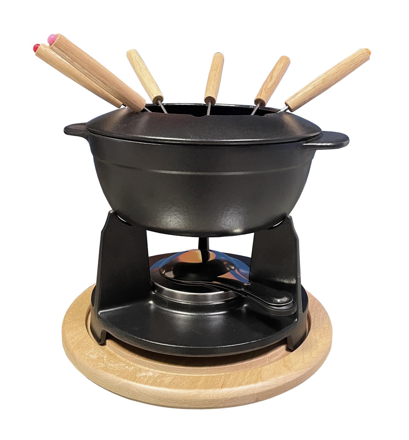 BAUMALU Fondue Service - Caquelon en Fonte - Noir Mat et Plateau en Bois
