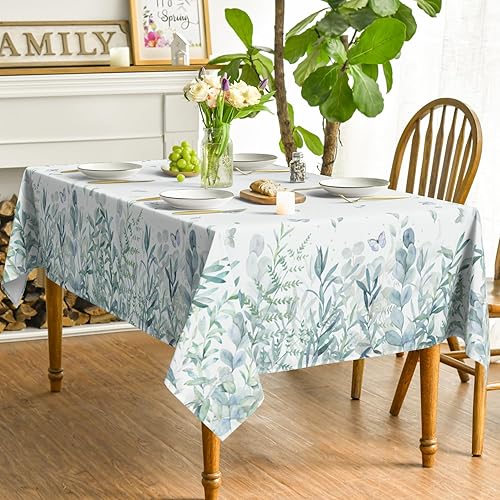 Miniatura 3 de Horaldaily Mantel de primavera y verano de 60 x 120 pulgadas, mantel floral de mariposa de eucalipto para decoración de fiesta, picnic y cena