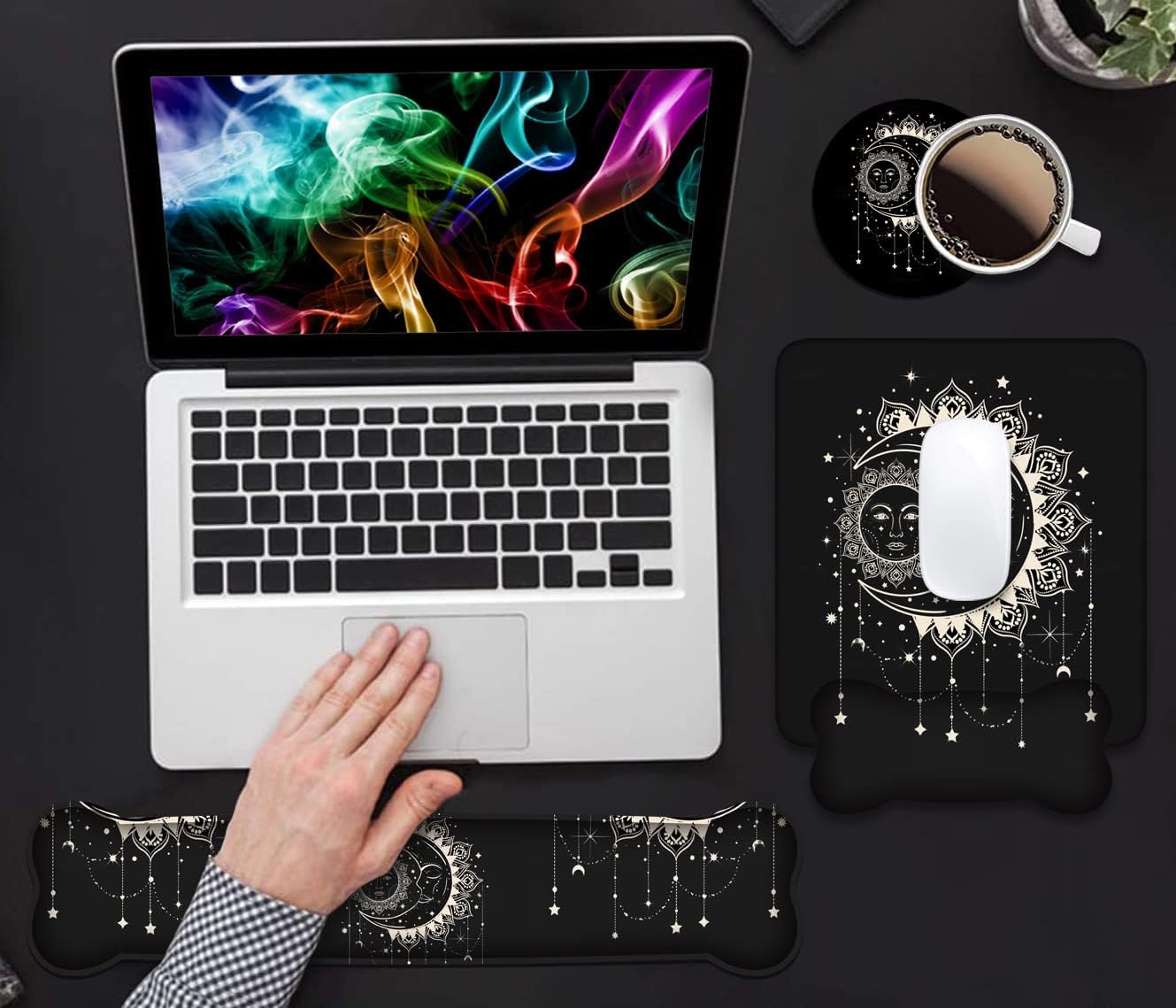 Wrist Rest Support Ergonomic Gel Mouse Pad and Memory Foam Keyboard Set, Non-Slip Rubber PU Base for Home Office Working Studying Easy Typing & Pain Relief, Celestial Theme Sun with Crescent Moon