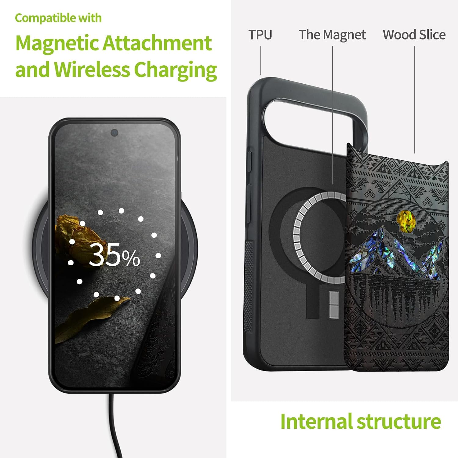 Carveit Magnetic Wooden Case for Pixel 10 / Pixel 10 Pro Case, Wood Artisan Engraved & Handmade Shell Inlaid, Compatible with MagSafe Wireless Chargers, Aztec Style Alpine Lakes - Blackwood
