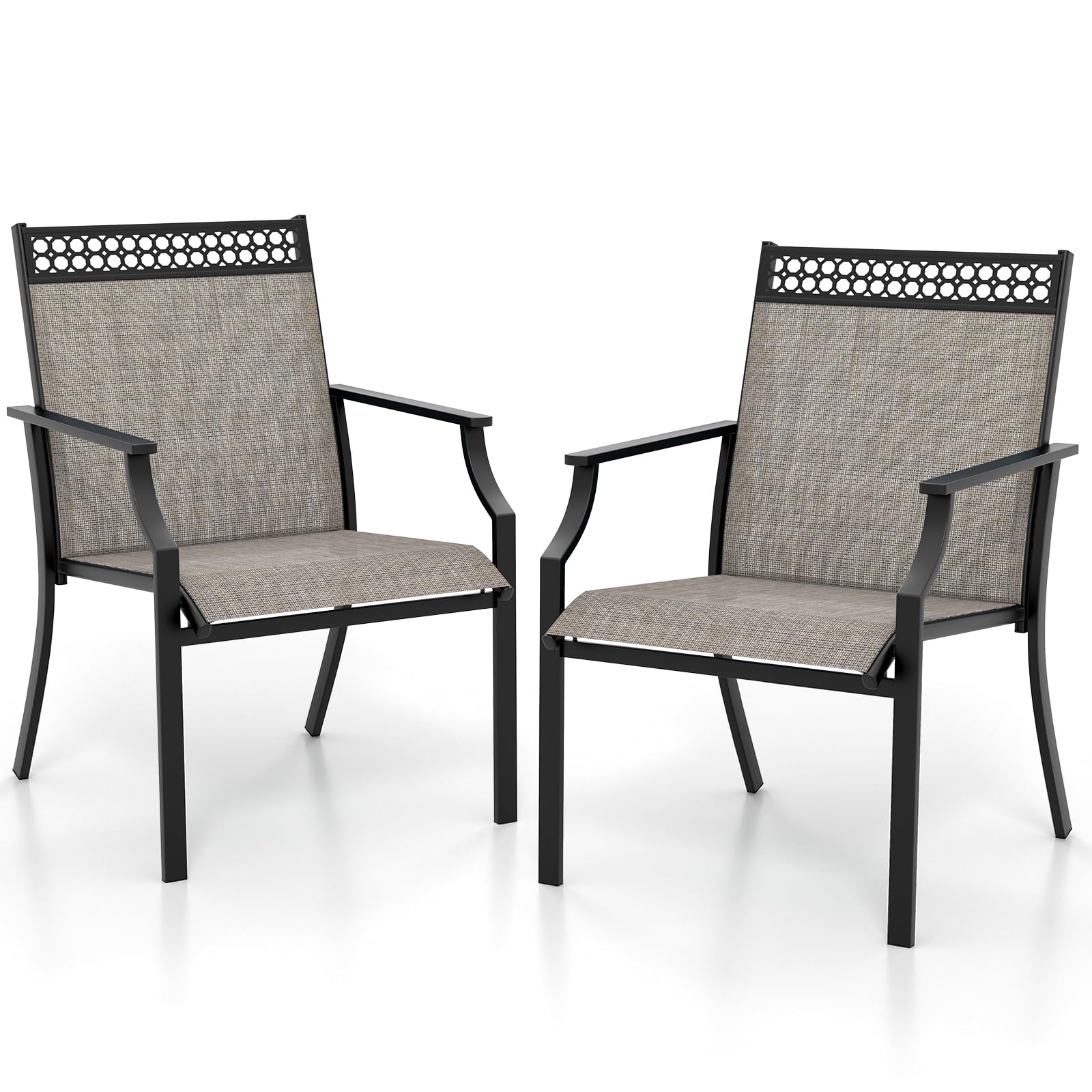 COSTWAY Garden Chairs Set of 2, Outdoor Metal Frame Texteline Dining Chairs with High Back and Armrests, All-Weather Patio Bistro Chair Deck Seats for Backyard Lawn Porch (Coffee, 66 x 61 x 91 cm)