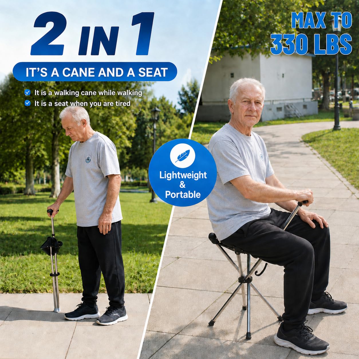 Canne Siège & Lampe de Poche LED, Réglable 74-96 cm, Canne de Marche Pliante Légère pour Seniors, Capacité 150 kg, Idéale pour Quotidien, Randonnée et Activités en Plein Air (Piles Non Incluses)