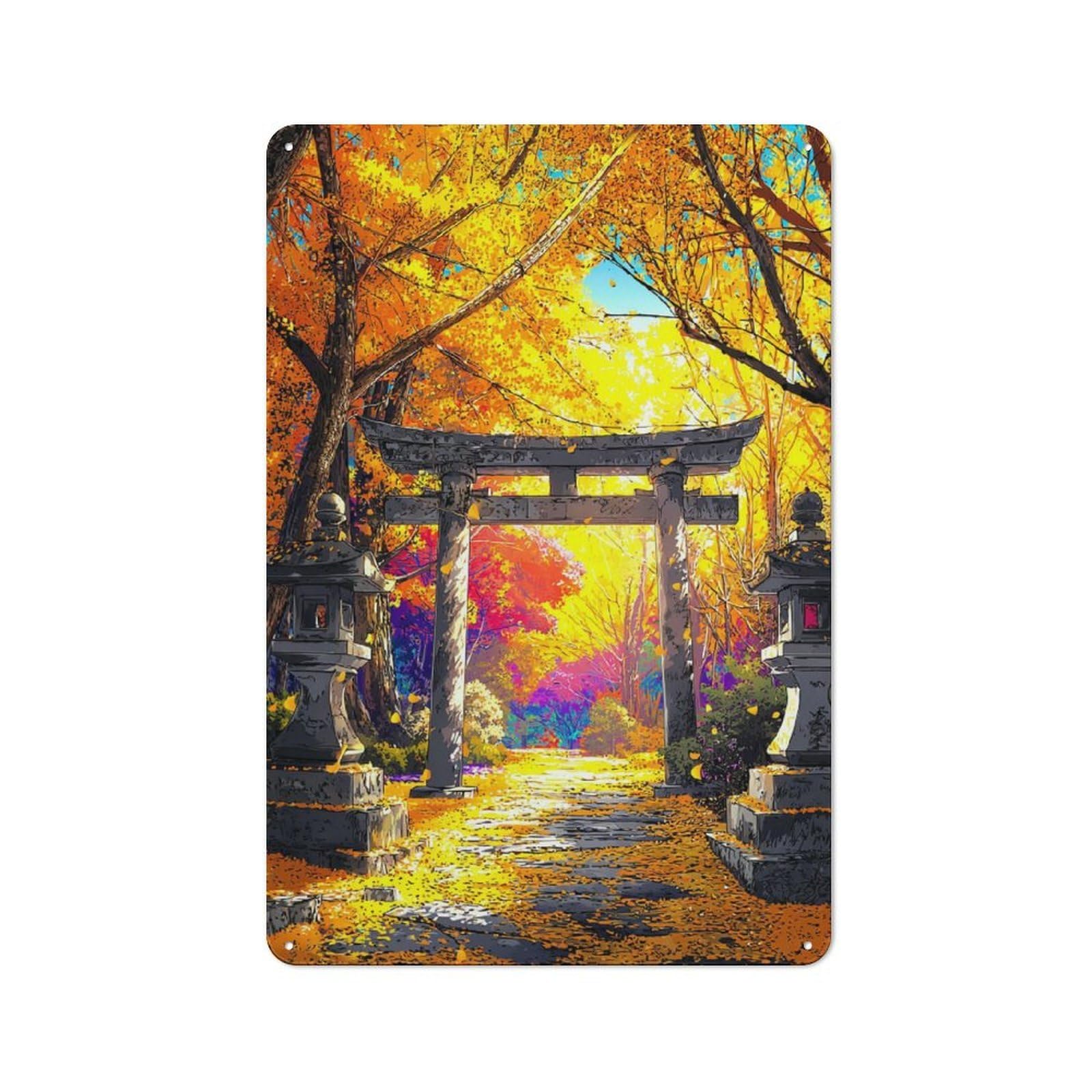 Junmoney Autumnal Torii Gate Scene Metal Sign 30X20cm, Vintage Bar Wall Plaque For Diner, Restaurant, Shed Or Kitchen