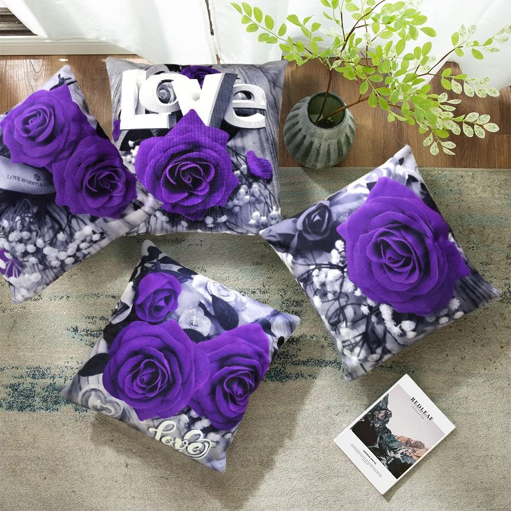 Flower Throw Pillow Covers Black Purple Rose Text Love Decorative Square Pillowcases 18x18 Set of 4 for Sofa Bedroom Living Room Decor Gift (Black Purple)