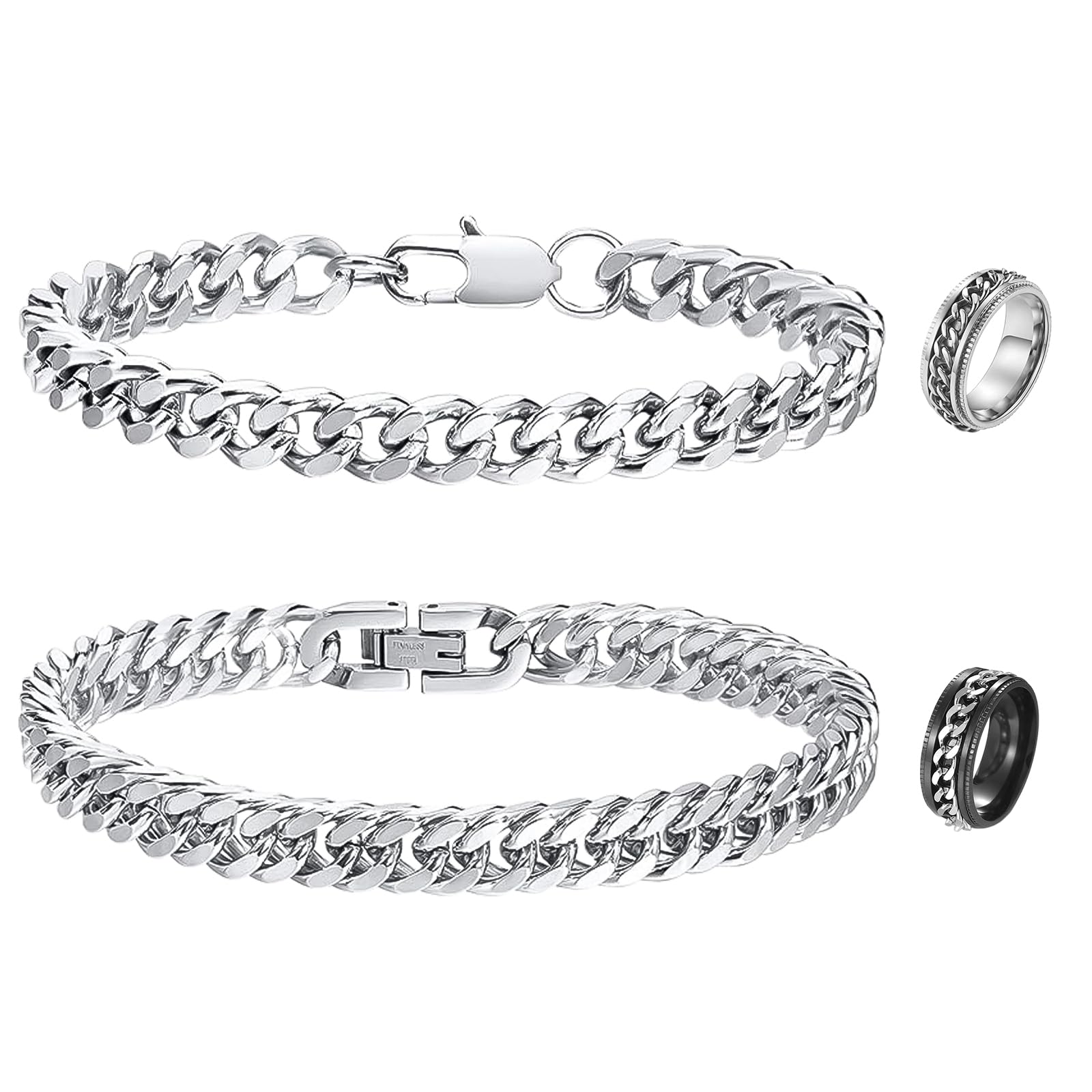 FCXQG 2 Pcs Pulsera de Eslabones Cubanos Para Hombre Pulsera Cadena Cubana Pulsera Hombre Acero Inoxidable Pulsera de Plata Hombre Esclava Plata Hombre Lotus Pulseras Hombre Esclava Hombre Con 2 Anillo