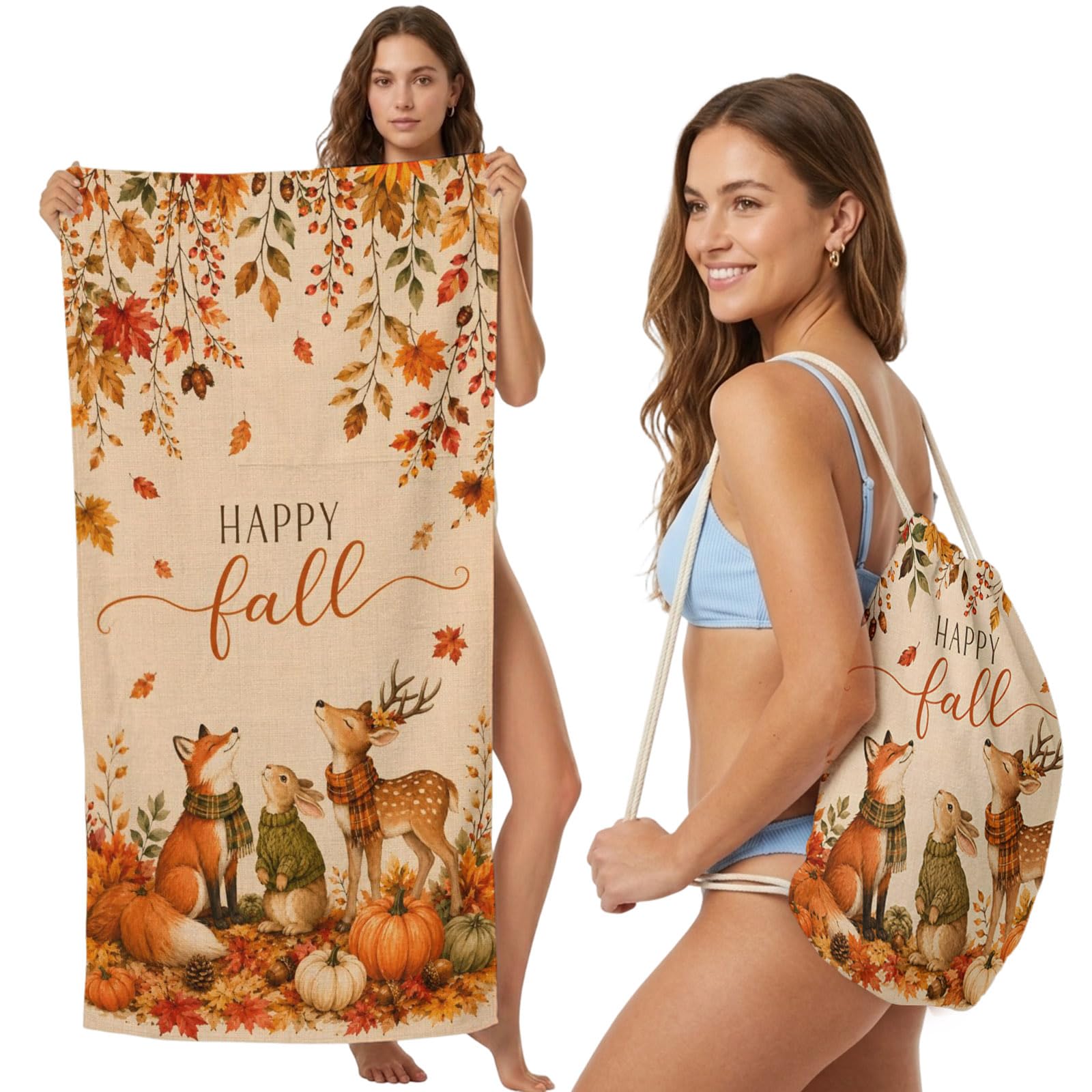 FWJZDSP 2-in-1 Beach Towel Backpack,Thanksgiving Maple Leaf Pumpkin Bath Towel with Built-in Storage Deer Fox Rabbit Convertible Foldable Beach Blanket for Travel Pool Gym Camping Swim,31x63in