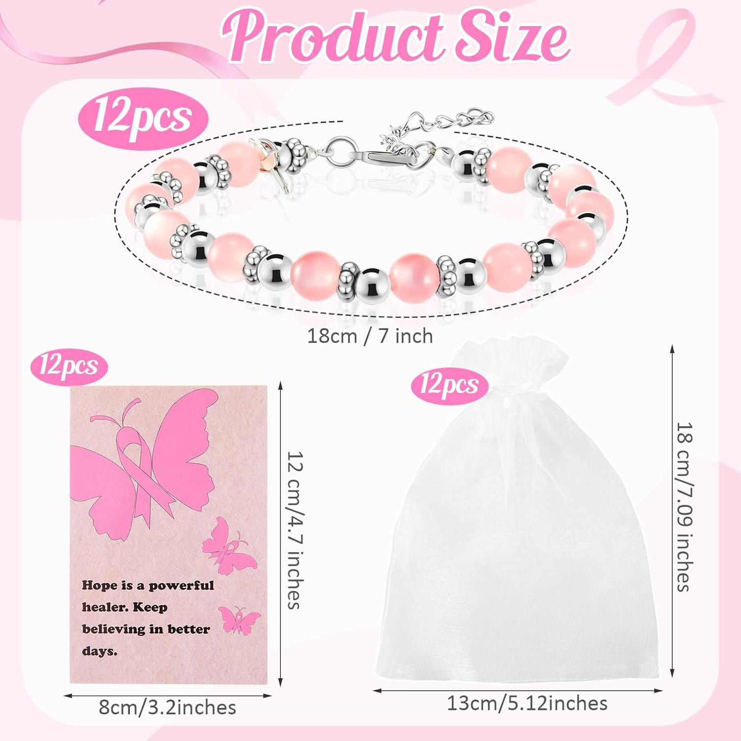 12 Set Breast Cancer Awareness Accessories Gifts for Women Pink Beaded Breast Cancer Awareness Bracelets Bulk with Inspirational Cards Organza Bags for Women Charity Fundraiser Campaign - Image 2