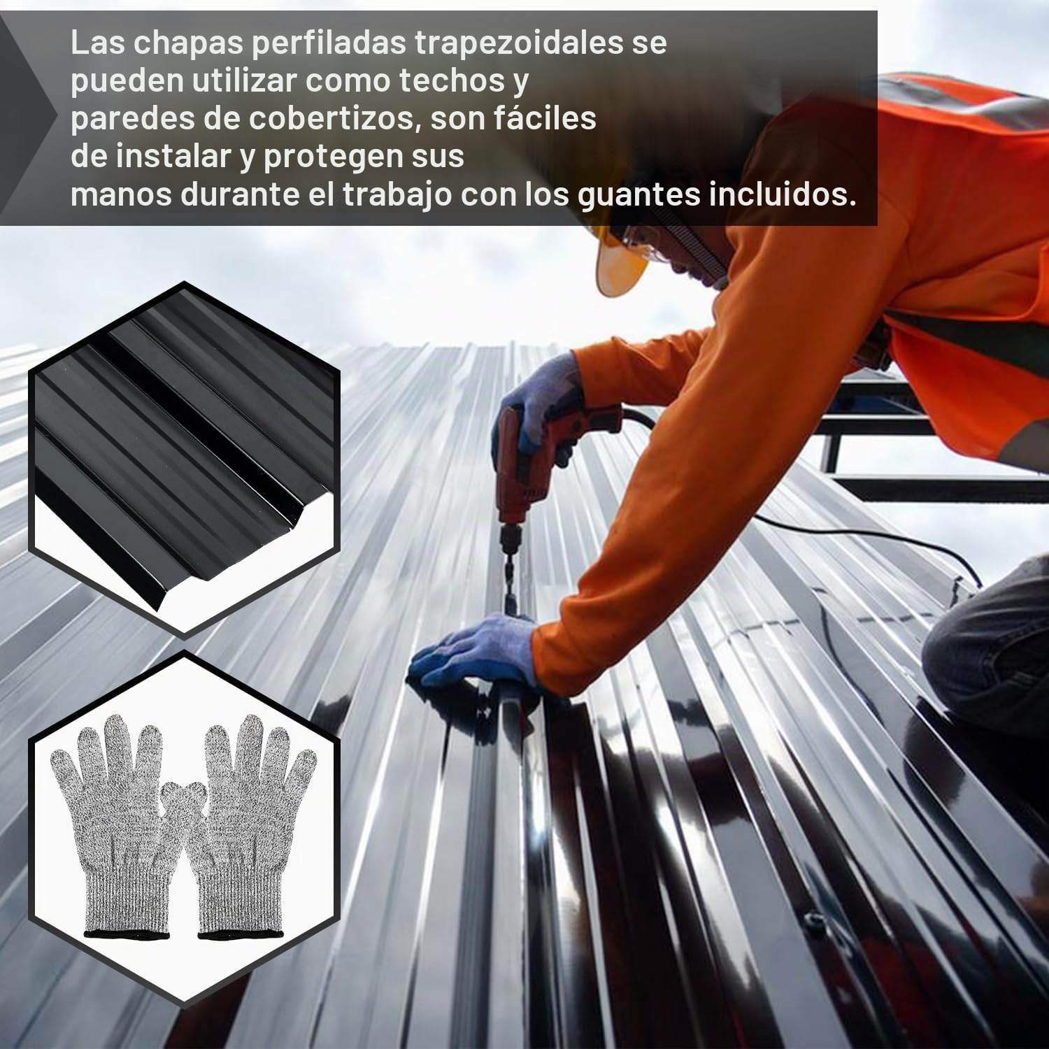Chapa trapezoidal de 129 x 46 cm, 7 m², chapa perfilada, galvanizada, 0,25 mm, resistente a la corrosión, con guantes, chapa ondulada para garaje, color antracita