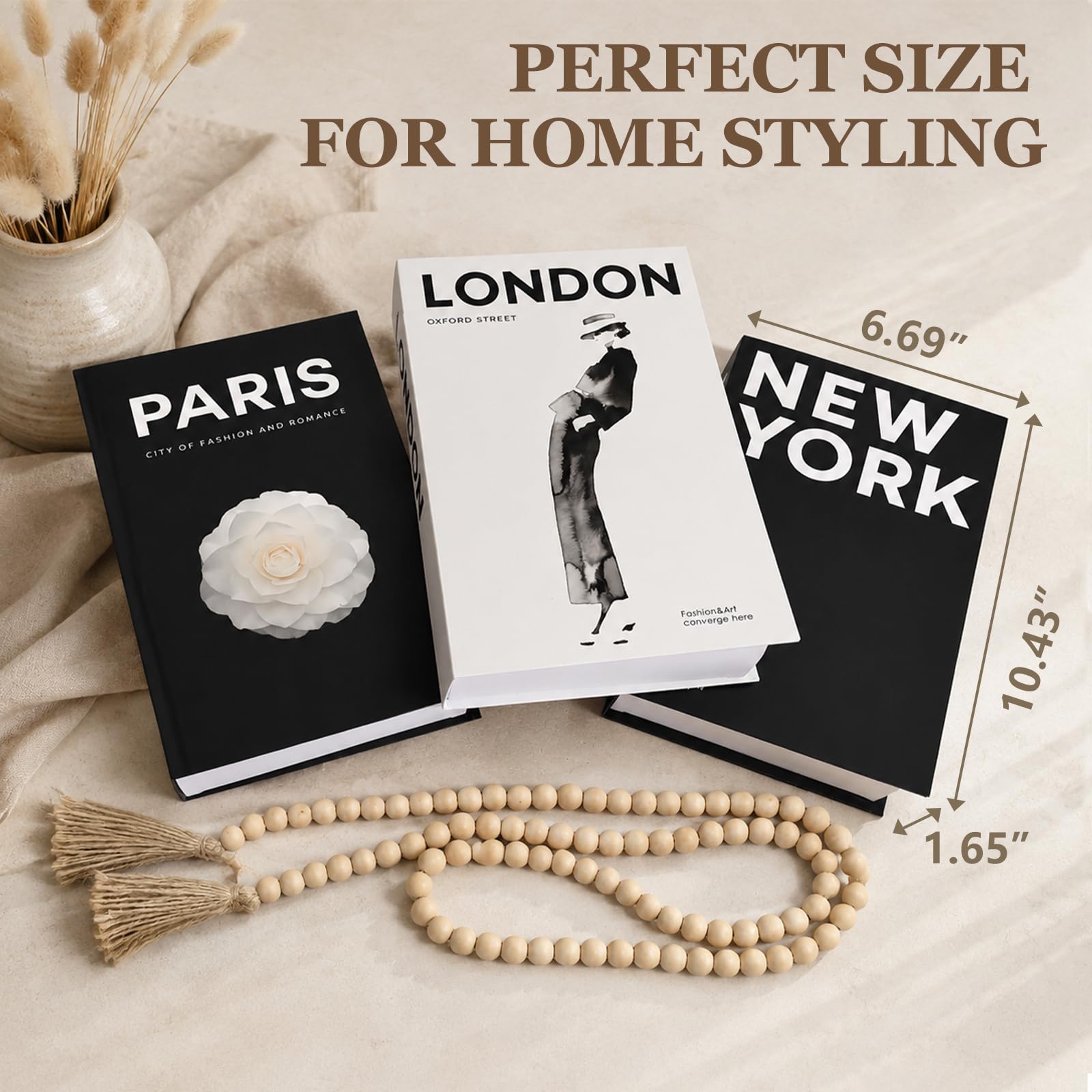 Libri decorativi per la casa, set di 3 libri finti in bianco e nero con nappe di perline di legno, decorazione estetica per la stanza, decorazione per tavolini, soggiorno, decorazione per scaffali,