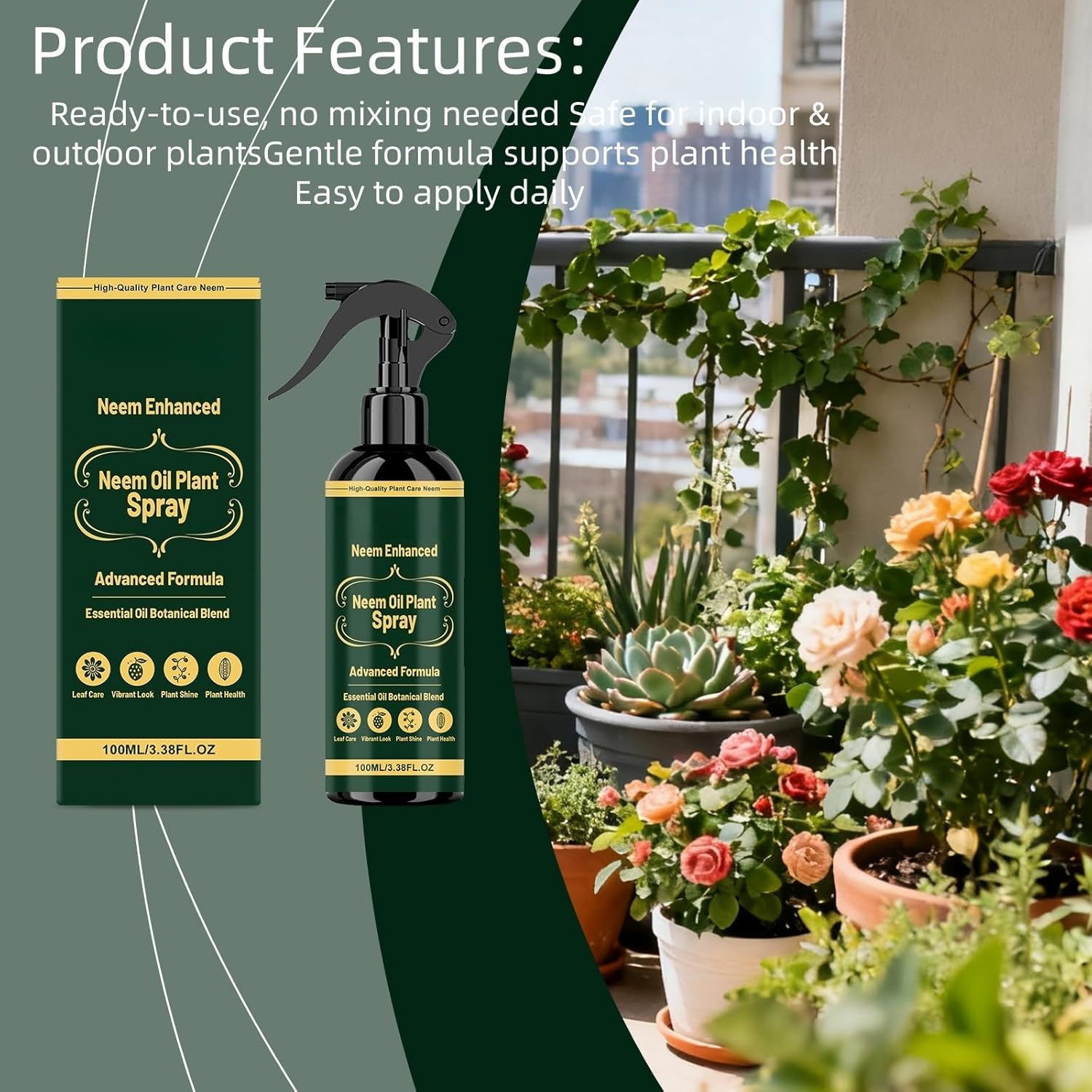 Neem Oil Spray for Plants with Peppermint Oil, Natural Botanical Blend Plant Wash, Ready-to-Use Essential Oil Spray for Indoor and Outdoor Houseplants and Gardens, 3.38 FL OZ (2PCS)