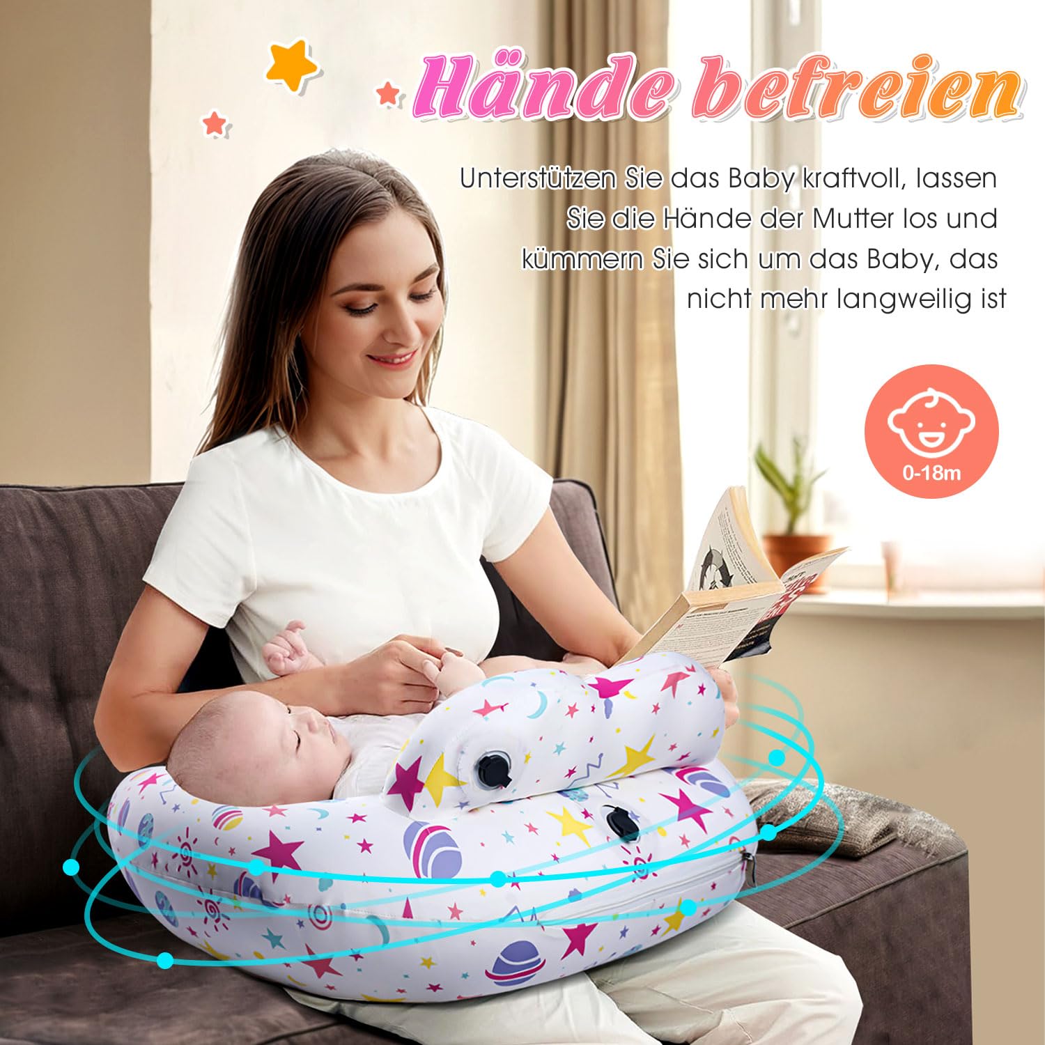 Cuscino gonfiabile per allattamento al seno - Cuscino da viaggio per l'alimentazione dei bambini, supporto per la mamma, cinghia regolabile in vita, fodera rimovibile in cotone 100% - Essenza