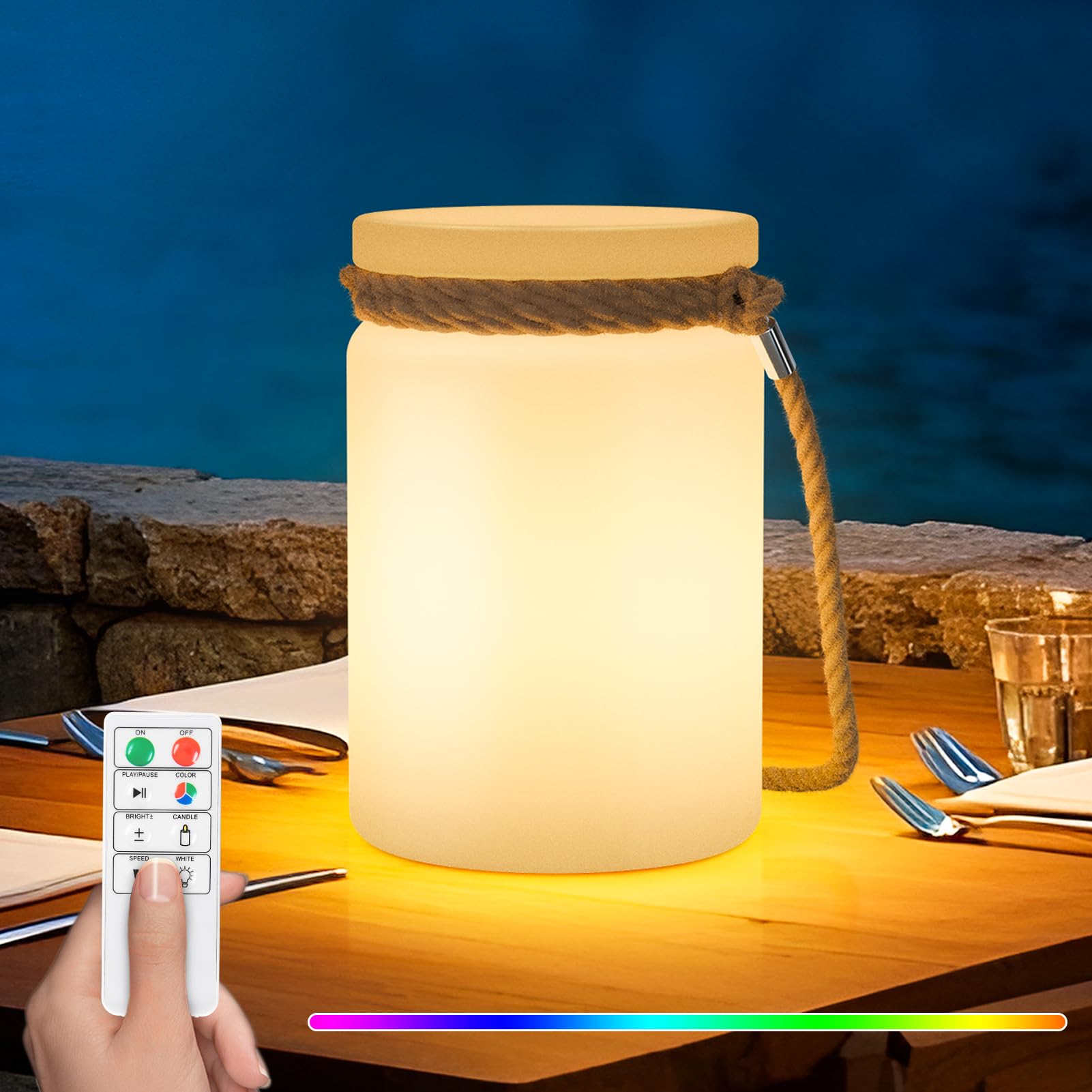 RWWR LED Outdoor Lampe Akku Tischlampe Kabellos, Wetterfest IP44, Dimmbar, 8-10H Akku, Tragbar Warmweiß und RGB USB-C Aufladung für Terrasse Esstisch Garten Balkon Camping