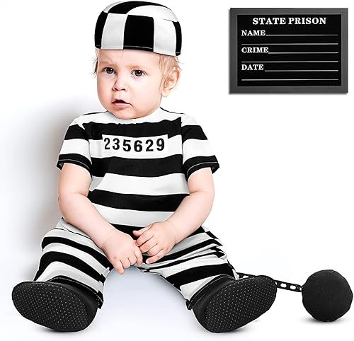 Miniatura 5 de Disfraz de condenado de prisionero de Halloween de 4 piezas con esposas de juguete, disfraz de prisionero para fiesta de Halloween