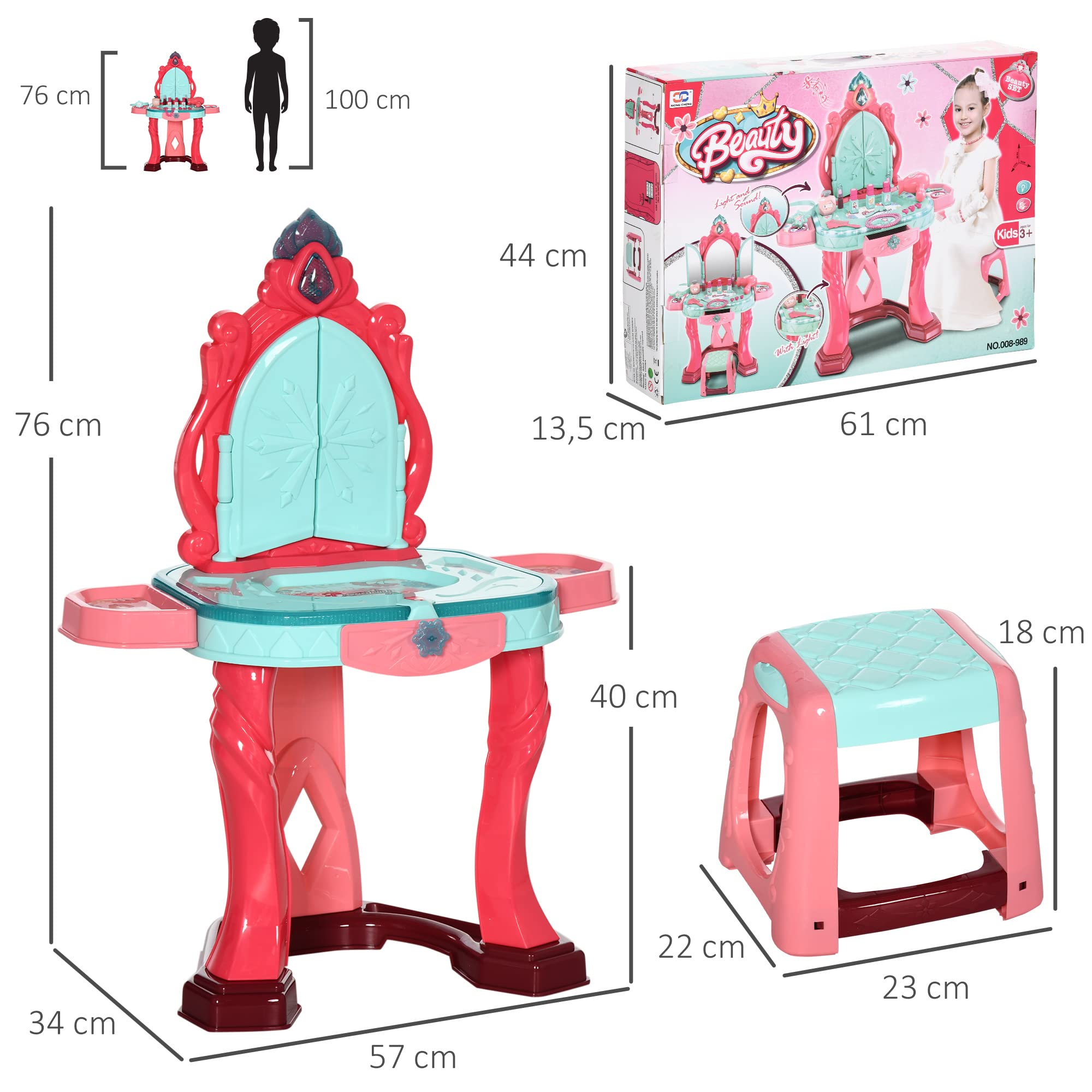 AIYAPLAY Tocador de Juguete para Niñas +3 Años con Taburete Espejo Luz Música Secador 31 Accesorios 57x34x76 cm Multicolor