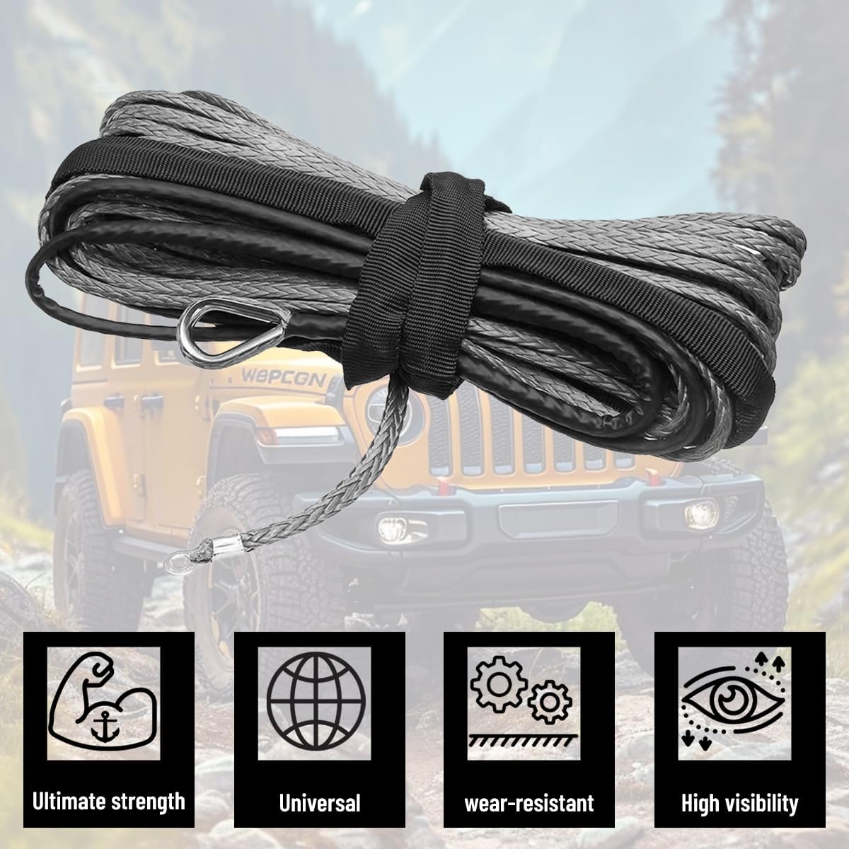 1/4'' x 50 FT Car Synthetic Winch Rope Kit, 7700LBS Vehicle Winch Cable Line with Protective Sleeve, Heavy Duty Automotive Winching Line Kit, Universal for ATV UTV Truck Offroad (Gray)