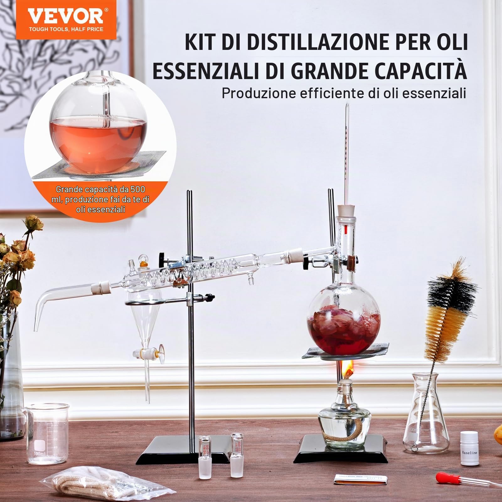 VEVOR Kit di distillazione di oli essenziali, 500 ml, kit di distillazione di vetreria da laboratorio 3.3 Boro con lampada ad alcool, rete in ceramica e 24, 40 giunti, set da 28 pezzi