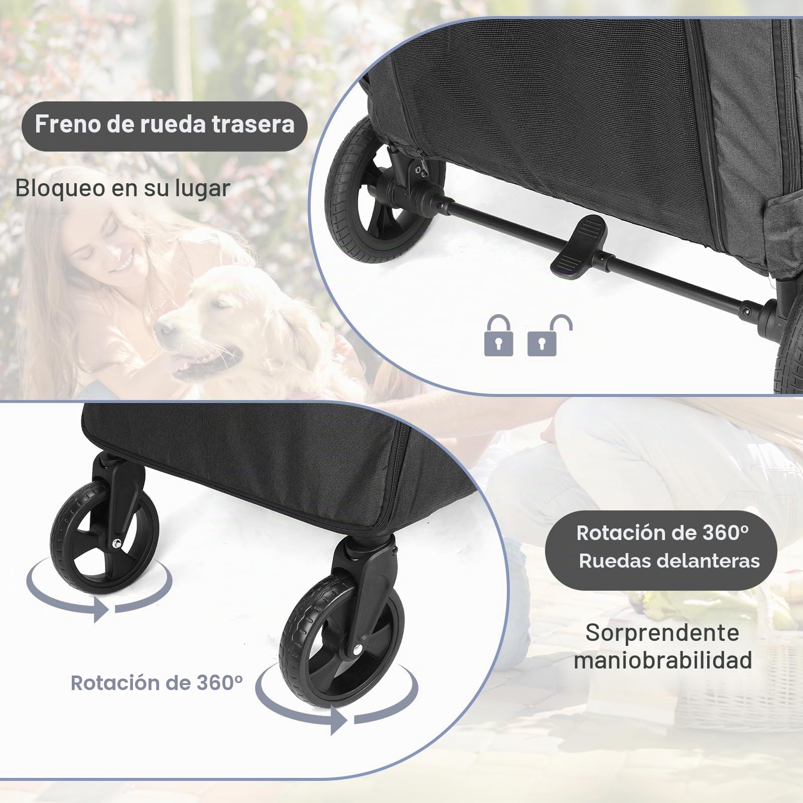 Cochecito de viaje grande para perros con 4 ruedas resistentes, cochecito para mascotas con mango ajustable, carro de gran capacidad con puerta delantera trasera para perros pequeños, medianos